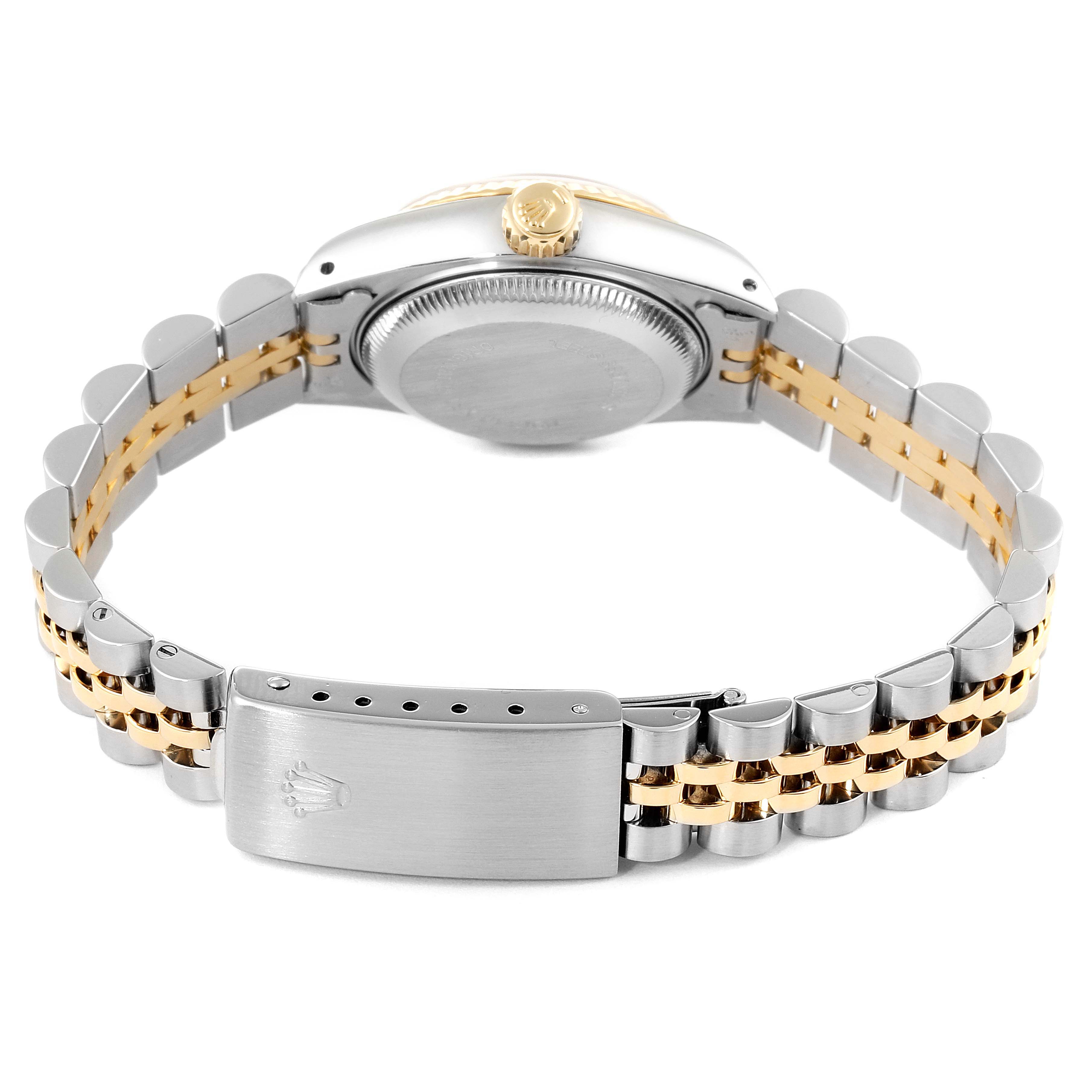 The image shows the back view of a Rolex Datejust 69173 Women's Steel and Gold (two tone) Champagne Dial 69173 Women's Steel and Gold (two tone) Champagne Dial model, highlighting the case back, crown, and two-tone bracelet with clasp.