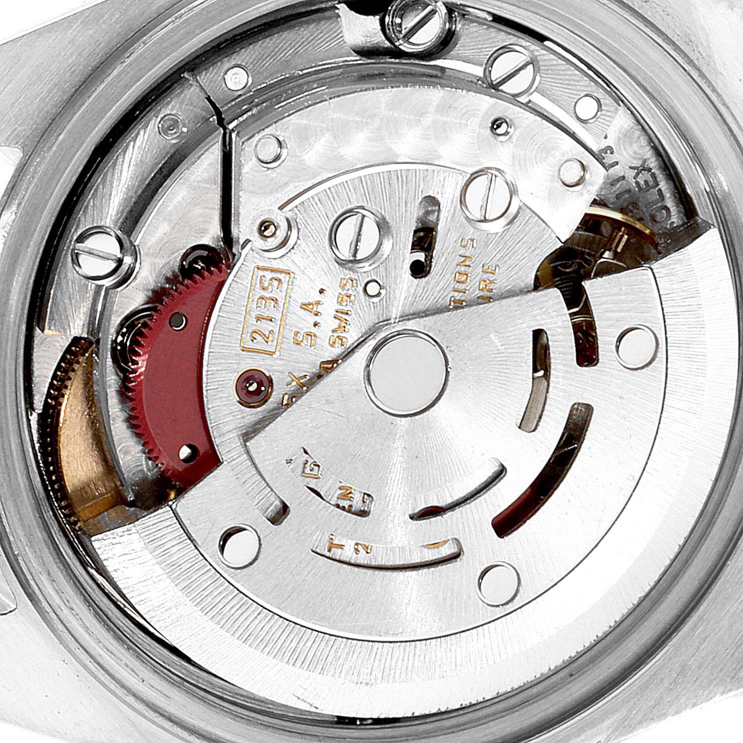 This image shows the internal mechanism of a Rolex Datejust 69173 Women's Steel and Gold (two tone) Champagne Dial 69173 Women's Steel and Gold (two tone) Champagne Dial model watch from a close-up, top-down angle.