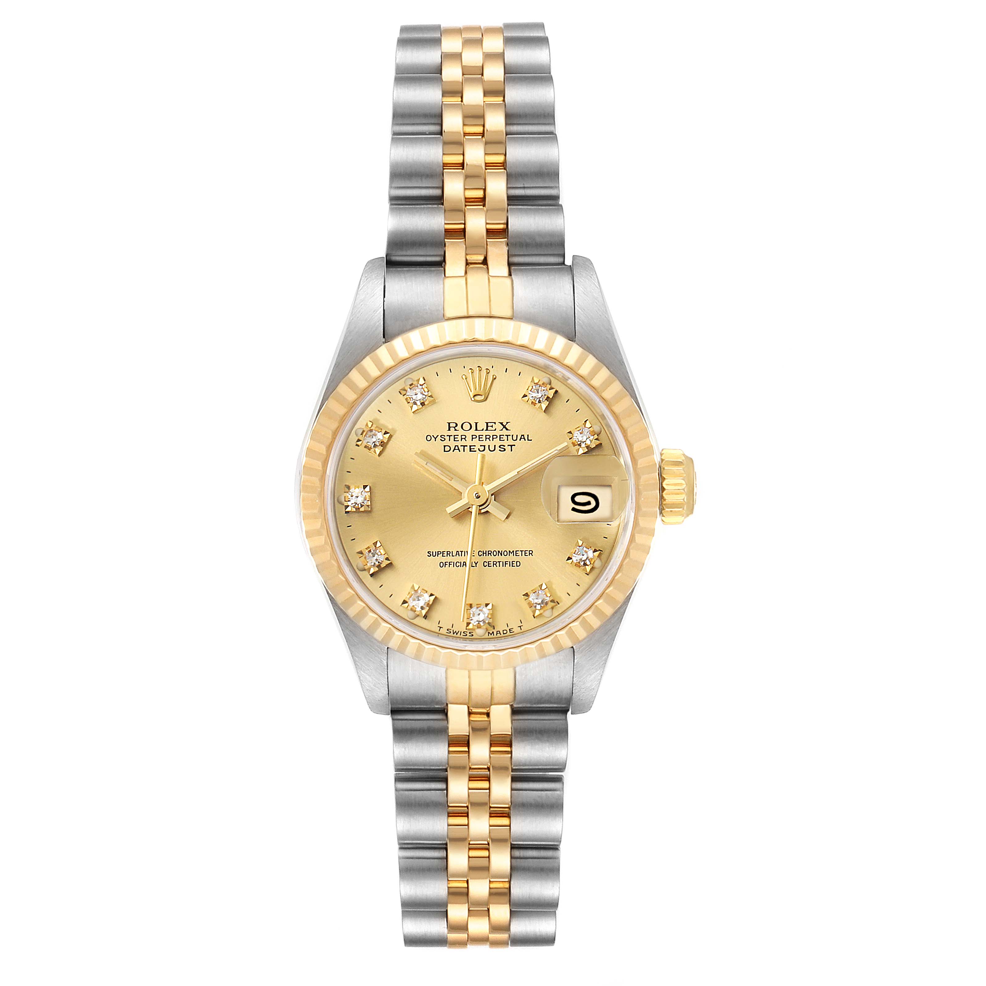This image shows a front view of a Rolex Datejust 69173 Women's Steel and Gold (two tone) Champagne Dial 69173 Women's Steel and Gold (two tone) Champagne Dial watch with a two-tone bracelet and a gold dial.