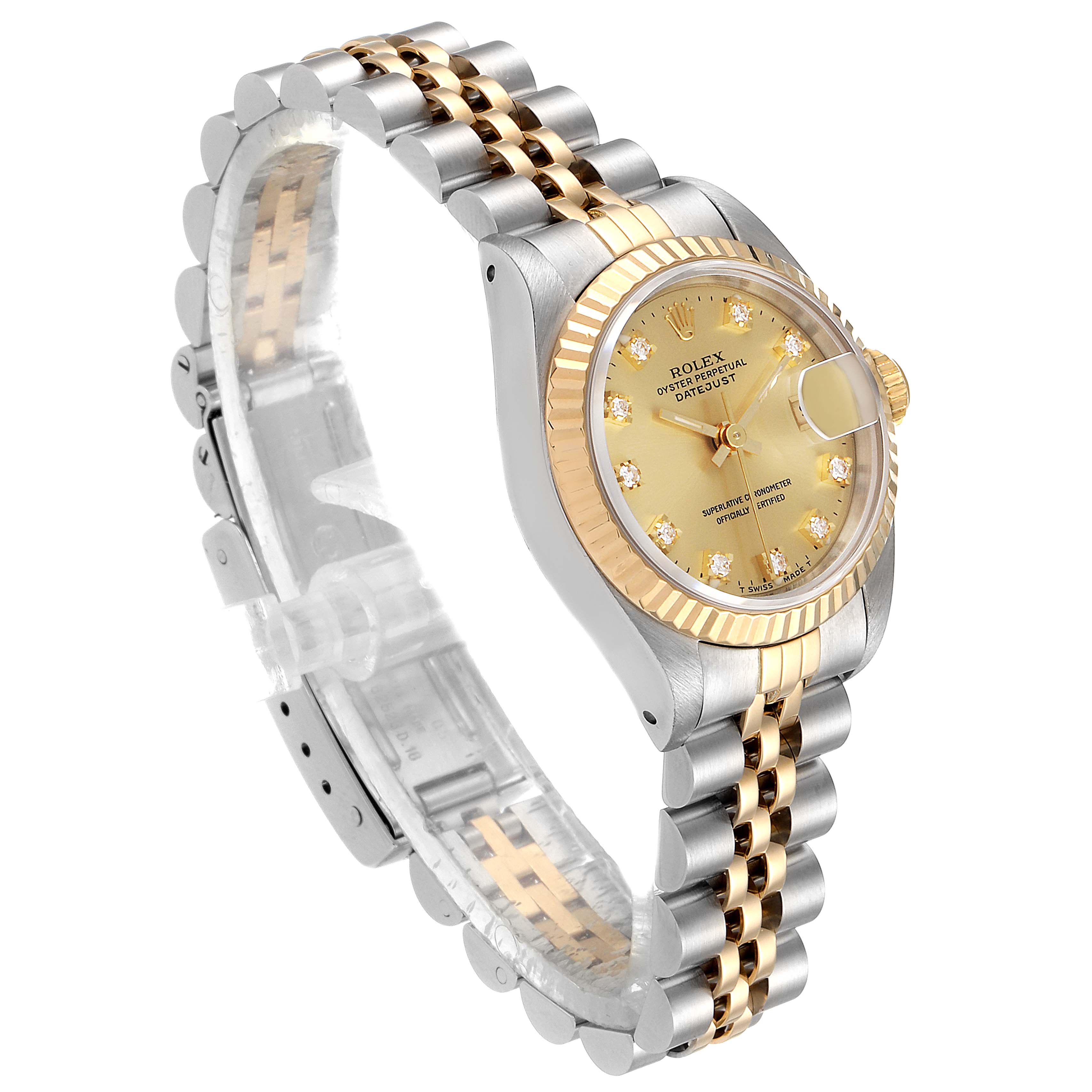 The Rolex Datejust 69173 Women's Steel and Gold (two tone) Champagne Dial 69173 Women's Steel and Gold (two tone) Champagne Dial watch is shown at an angled side view, displaying its bezel, dial, and bracelet.