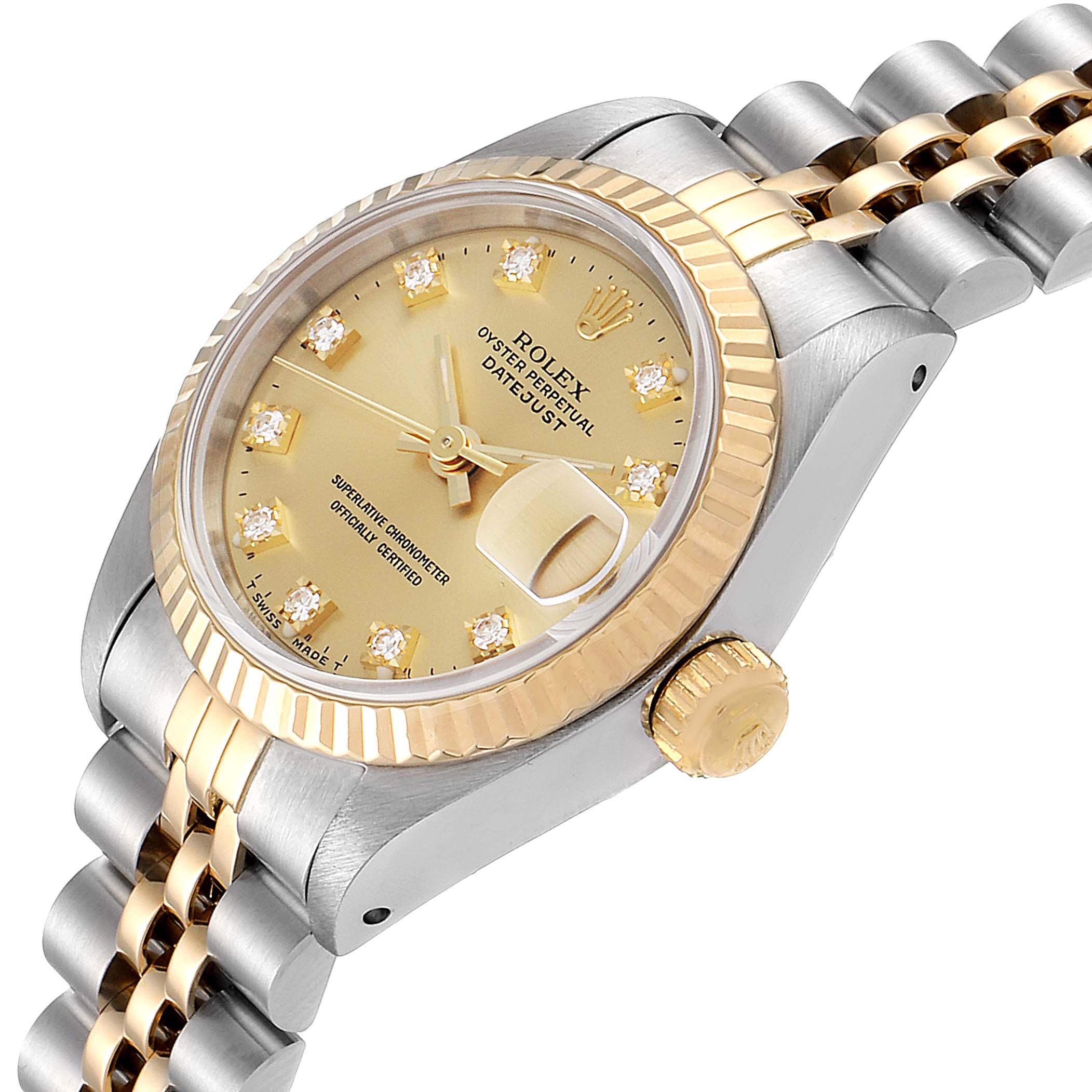 This image shows a close-up angle of the Rolex Datejust 69173 Women's Steel and Gold (two tone) Champagne Dial 69173 Women's Steel and Gold (two tone) Champagne Dial watch, displaying the dial, bezel, crown, and part of the bracelet.