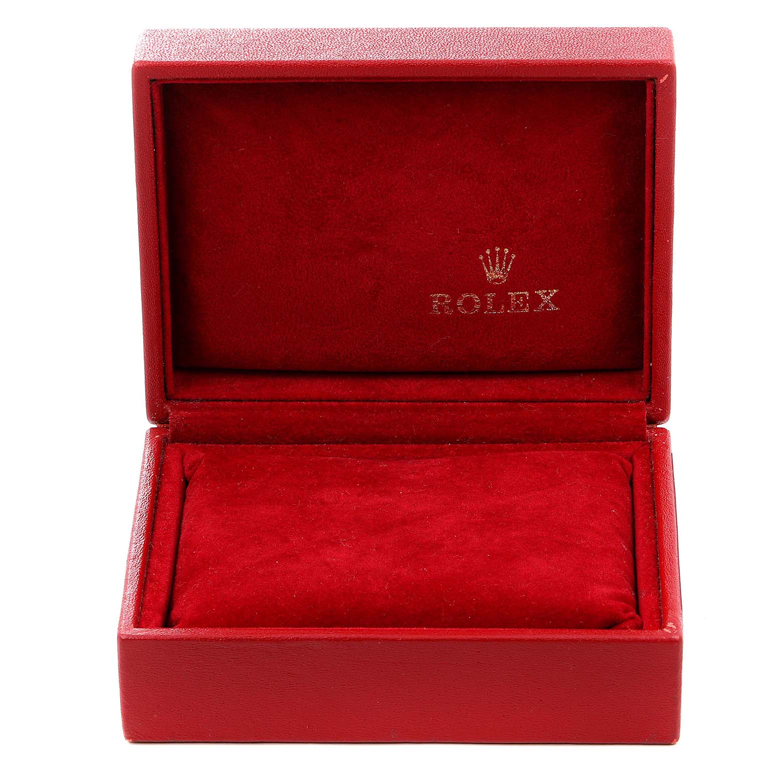 This image shows an open red velvet-lined box for a Rolex Datejust 69173 Women's Steel and Gold (two tone) Champagne Dial 69173 Women's Steel and Gold (two tone) Champagne Dial model watch, viewed from the front.