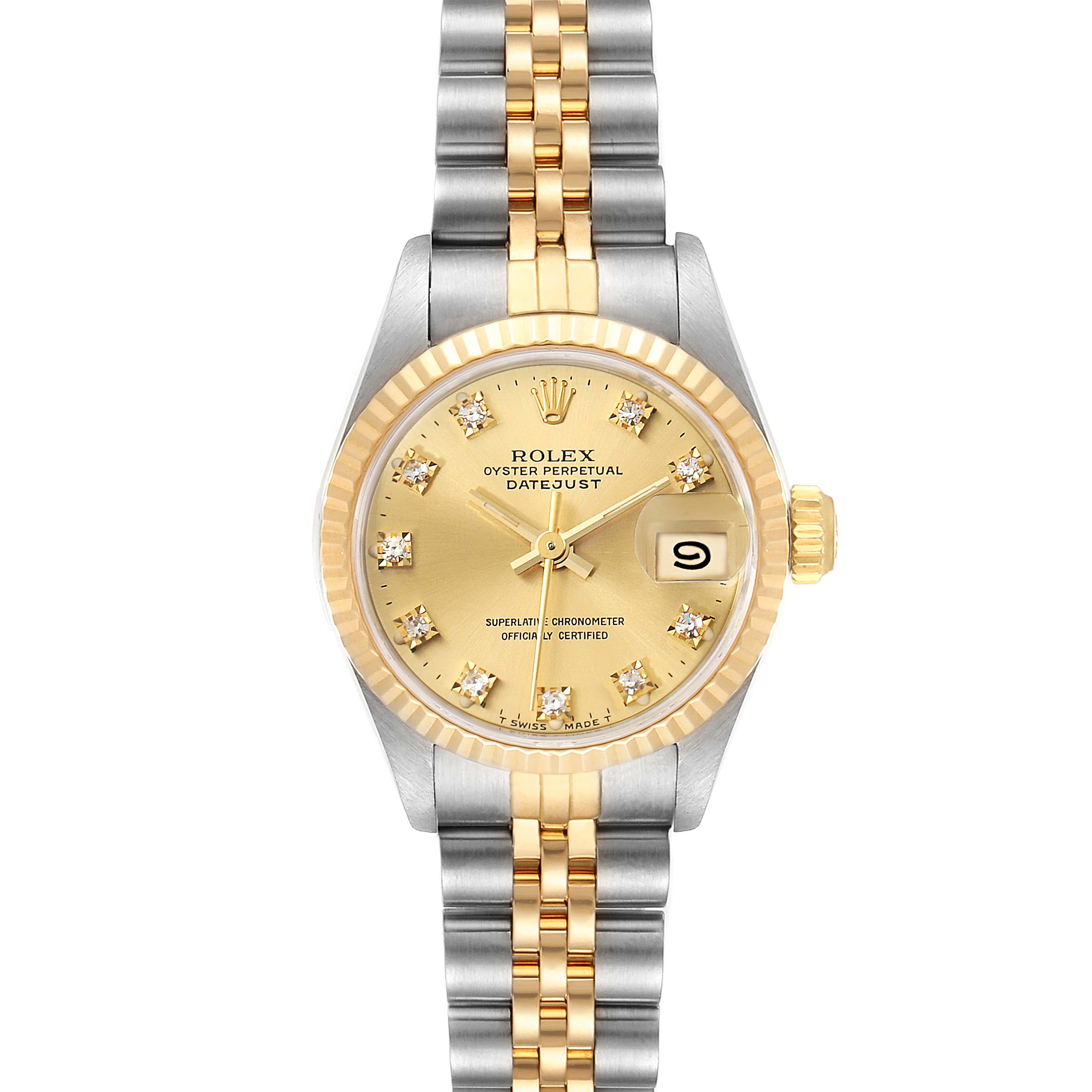 The image shows a front view of a Rolex Datejust 69173 Women's Steel and Gold (two tone) Champagne Dial 69173 Women's Steel and Gold (two tone) Champagne Dial watch with a gold dial, diamond markers, and a two-tone bracelet.