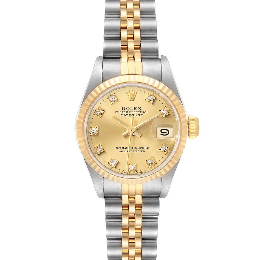 The image shows a front view of a Rolex Datejust 69173 Women's Steel and Gold (two tone) Champagne Dial 69173 Women's Steel and Gold (two tone) Champagne Dial watch with a gold dial, diamond markers, and a two-tone bracelet.