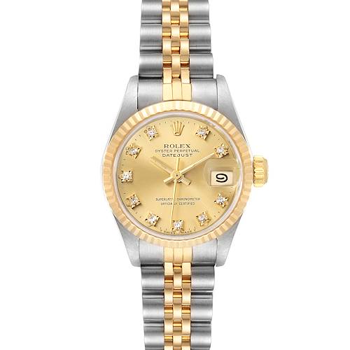 The image shows a frontal view of a Rolex Datejust 69173 Women's Steel and Gold (two tone) Champagne Dial 69173 Women's Steel and Gold (two tone) Champagne Dial watch, displaying the dial, bezel, and bracelet.