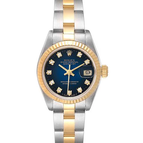 This image shows a Rolex Datejust 69173 Women's Steel and Gold (two tone) Blue Dial 69173 Women's Steel and Gold (two tone) Blue Dial watch from a front view, displaying its dial, bezel, bracelet, and crown.