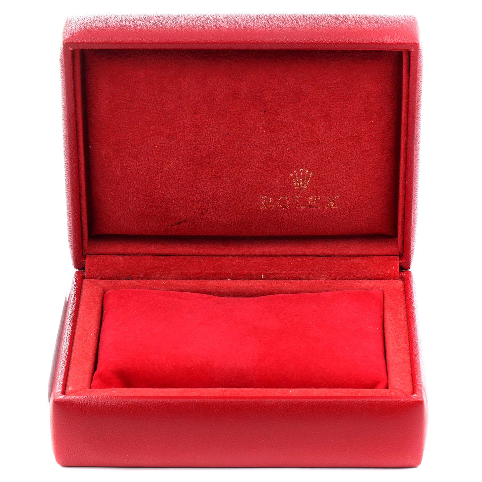 The image shows an empty red Rolex watch box, likely for a Datejust model, with the brand logo inside the lid.