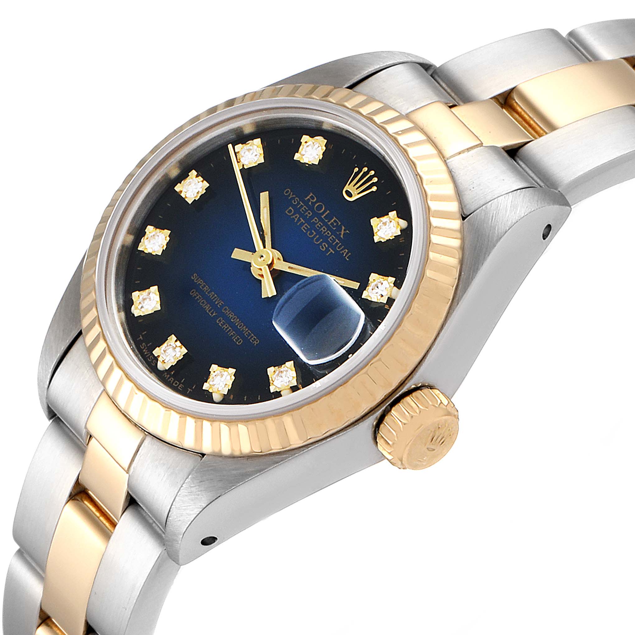 This image shows a side-angle view of a Rolex Datejust 69173 Women's Steel and Gold (two tone) Blue Dial 69173 Women's Steel and Gold (two tone) Blue Dial watch, highlighting the bezel, crown, dial, and bracelet.