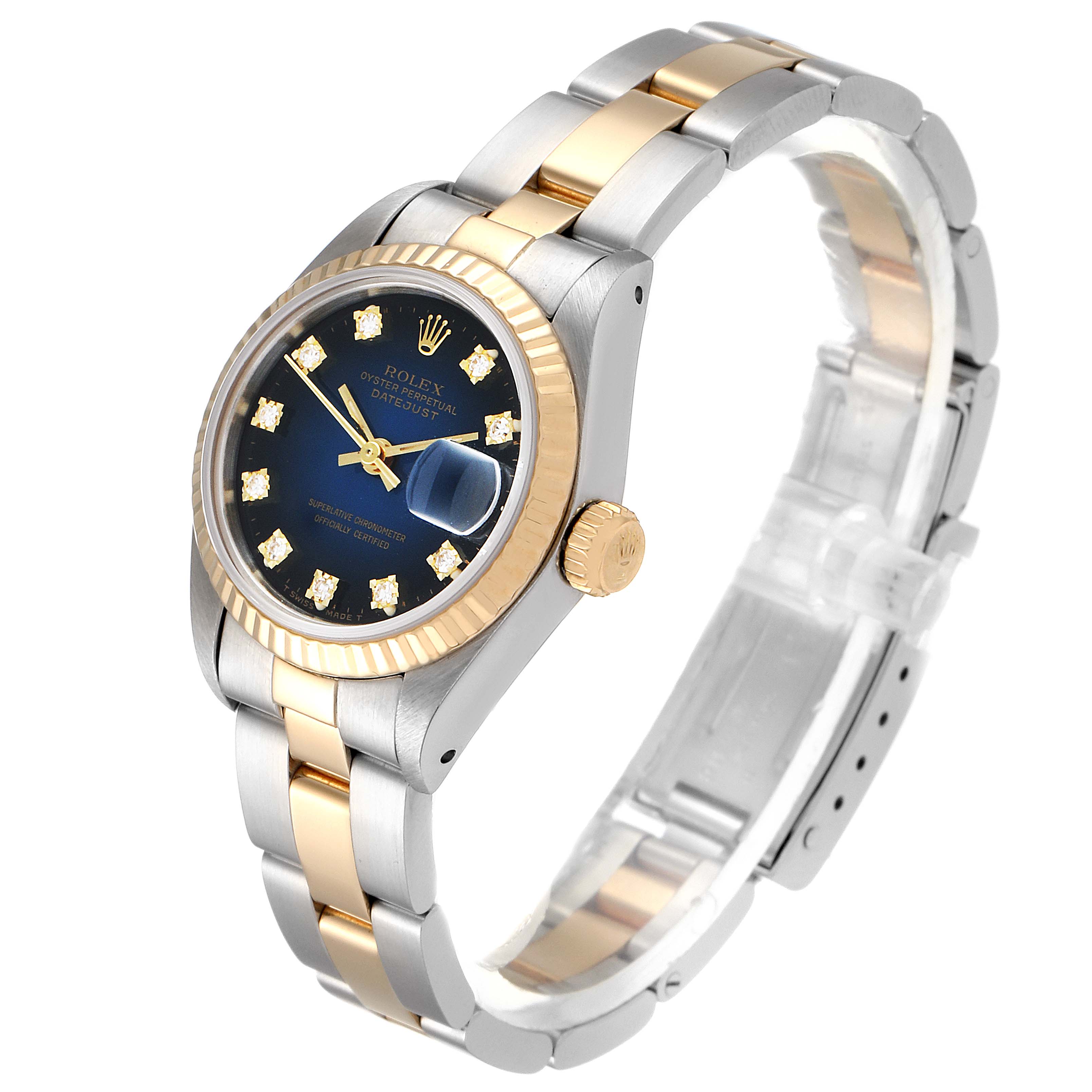 The Rolex Datejust 69173 Women's Steel and Gold (two tone) Blue Dial 69173 Women's Steel and Gold (two tone) Blue Dial watch is shown at an angled view, displaying its two-tone band, blue dial, diamond hour markers, and date window.