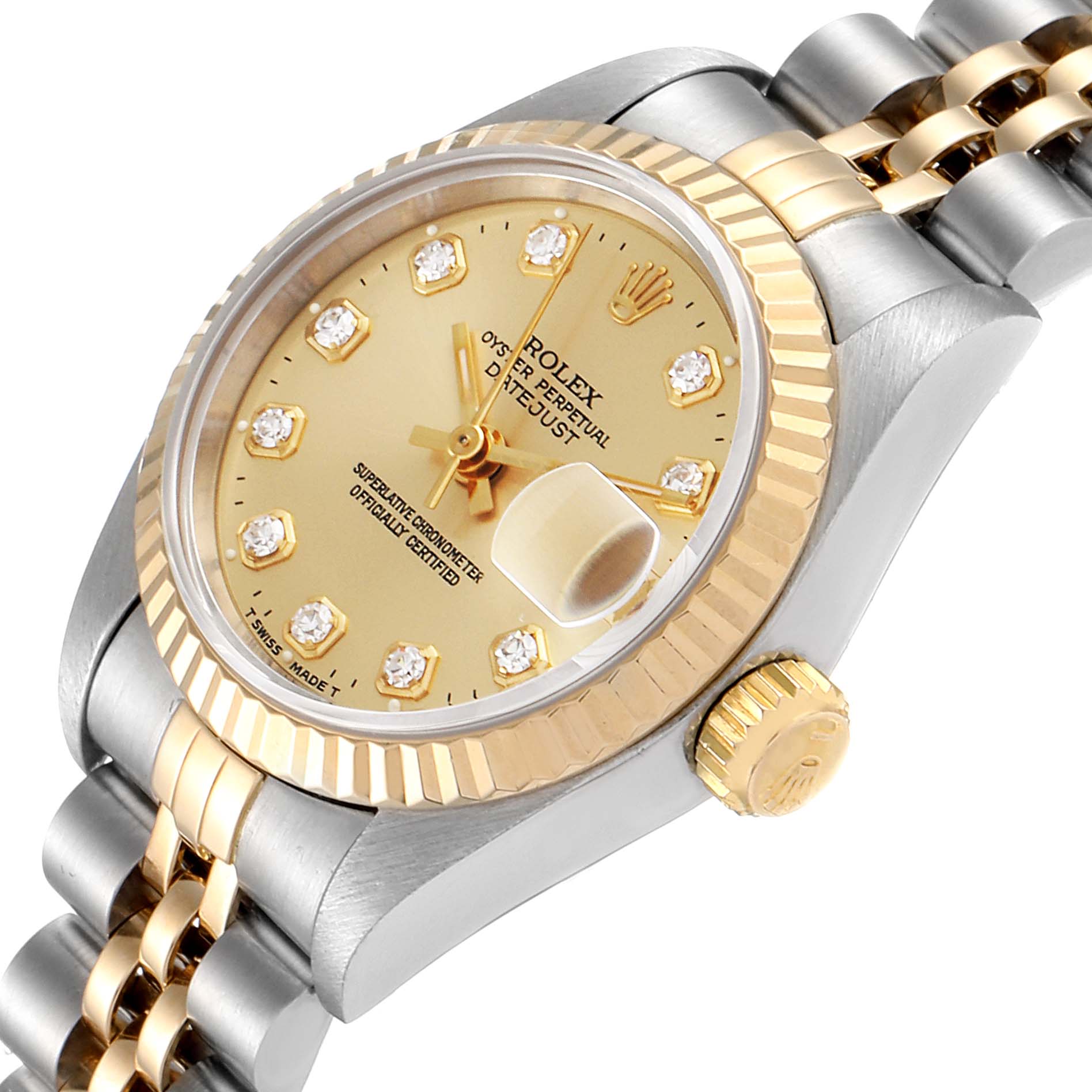 The Rolex Datejust 69173 Women's Steel and Gold (two tone) Champagne Dial 69173 Women's Steel and Gold (two tone) Champagne Dial watch is shown at a slight angle, highlighting the face, bezel, crown, and part of the bracelet.