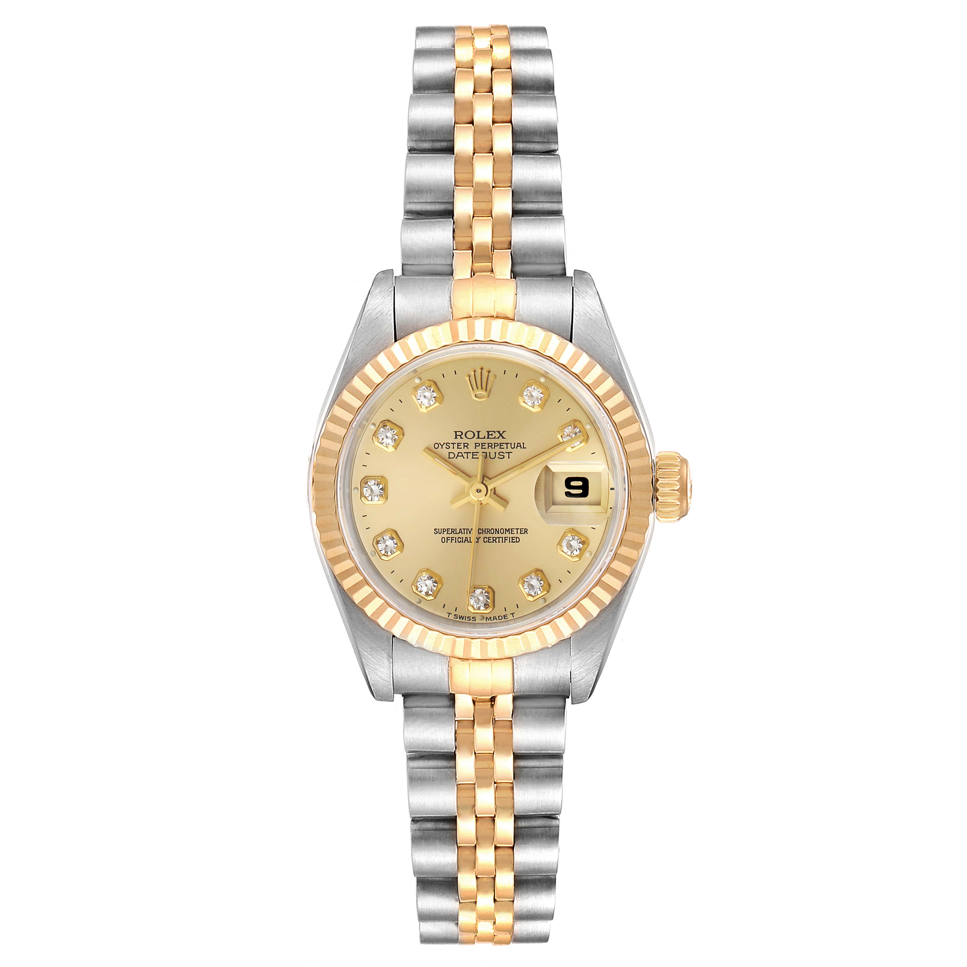 This image shows a frontal view of a Rolex Datejust 69173 Women's Steel and Gold (two tone) Champagne Dial 69173 Women's Steel and Gold (two tone) Champagne Dial watch, featuring a gold and silver Jubilee bracelet and a gold dial with a date display.