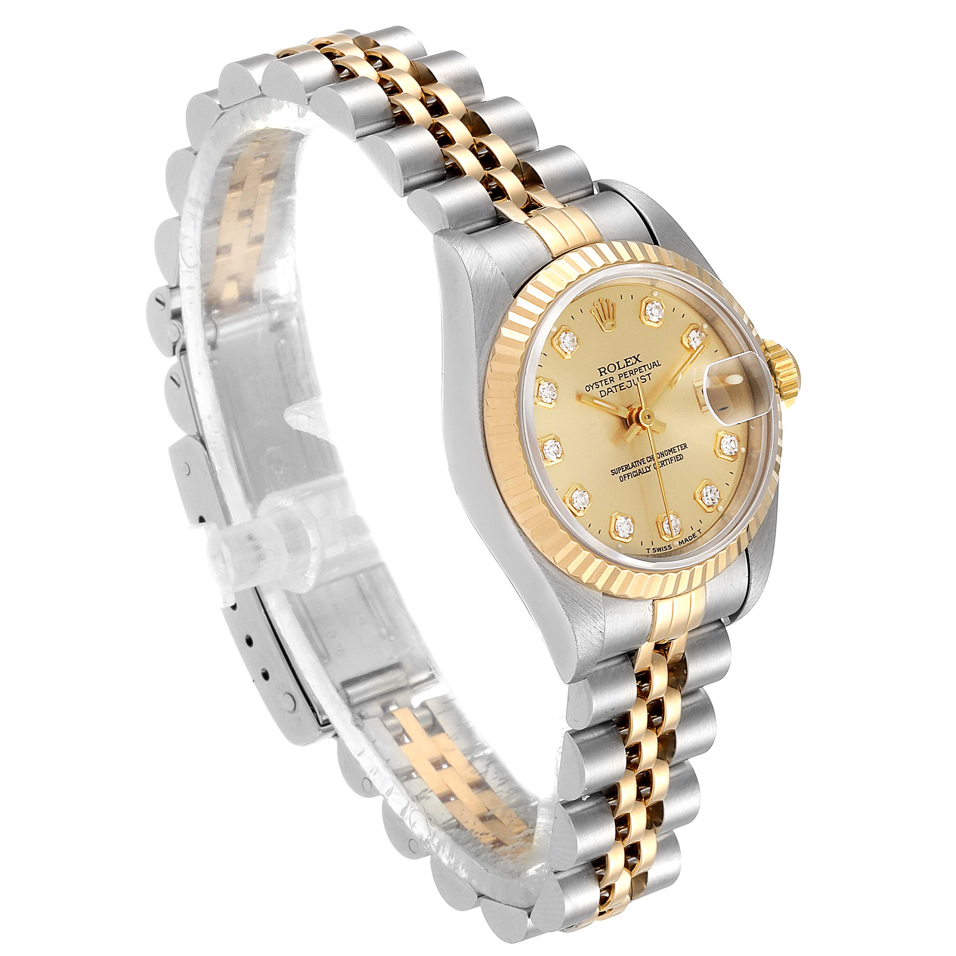 The image shows a Rolex Datejust 69173 Women's Steel and Gold (two tone) Champagne Dial 69173 Women's Steel and Gold (two tone) Champagne Dial watch at a slight angle, highlighting its two-tone bracelet, gold bezel, and champagne dial with diamond hour markers.