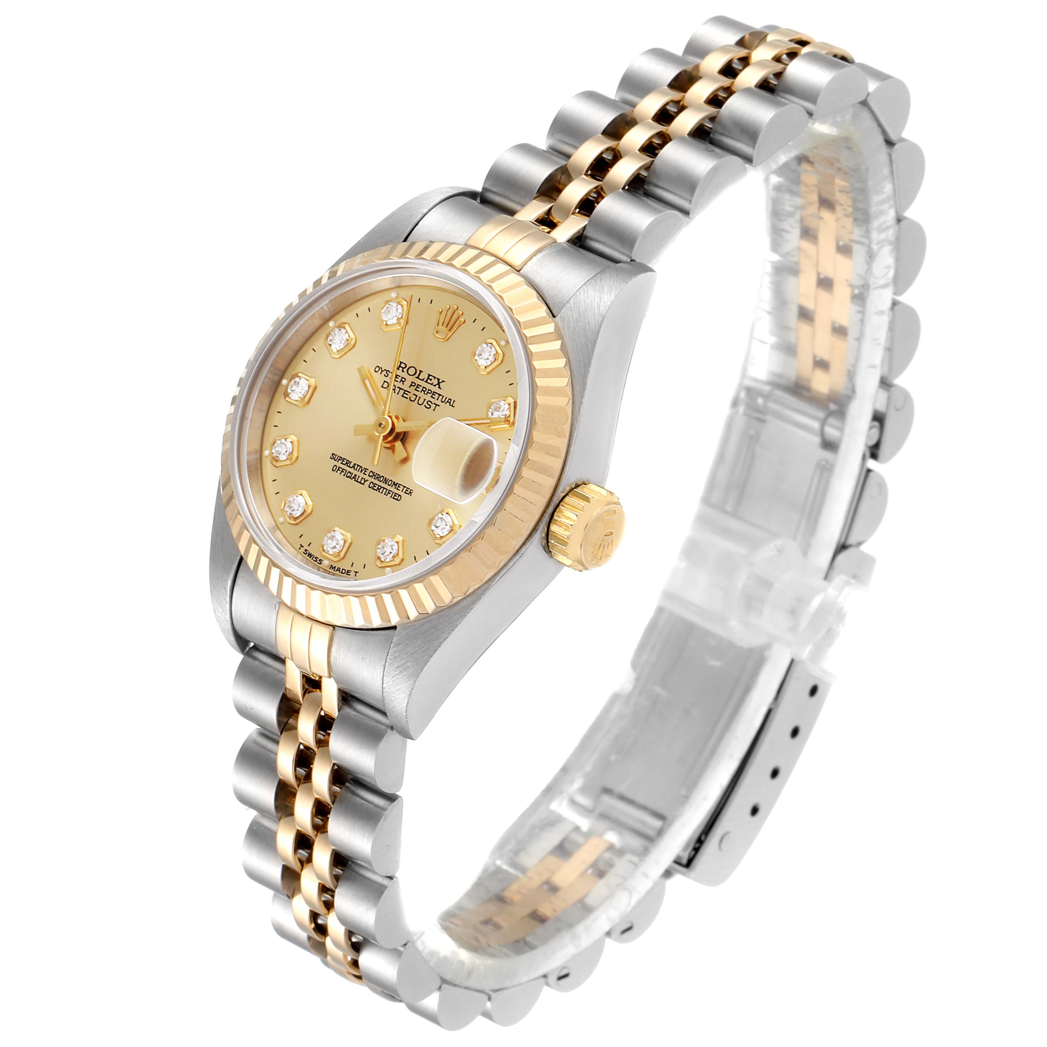 The image shows a Rolex Datejust 69173 Women's Steel and Gold (two tone) Champagne Dial 69173 Women's Steel and Gold (two tone) Champagne Dial watch at a slight angle, displaying the dial, bezel, crown, and bracelet.