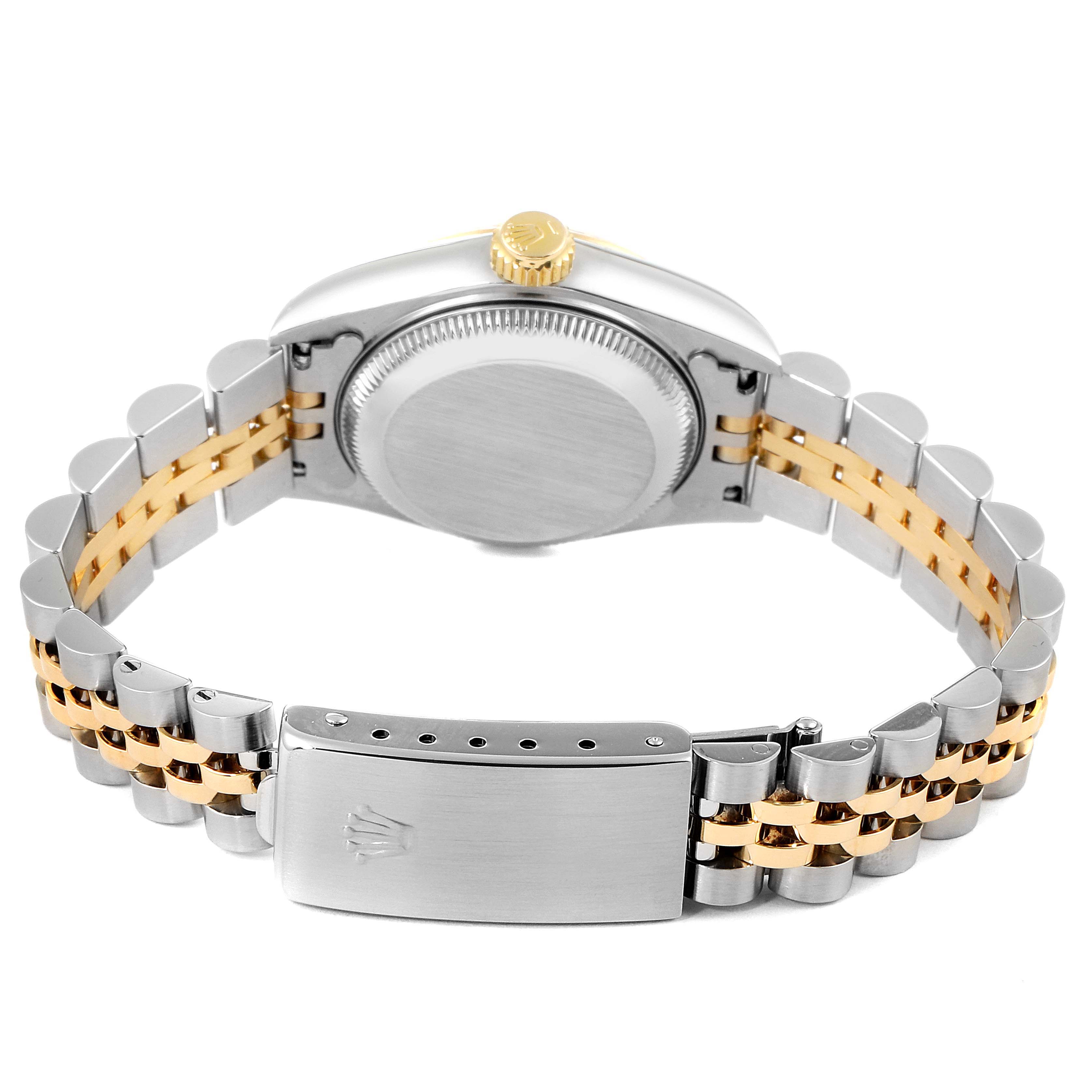 The image shows the back case, crown, and jubilee bracelet of a Rolex Datejust 69173 Women's Steel and Gold (two tone) Champagne Dial 69173 Women's Steel and Gold (two tone) Champagne Dial watch.