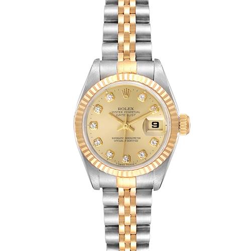 The image shows a front view of a Rolex Datejust 69173 Women's Steel and Gold (two tone) Champagne Dial 69173 Women's Steel and Gold (two tone) Champagne Dial watch, highlighting the dial, bezel, and two-tone bracelet.