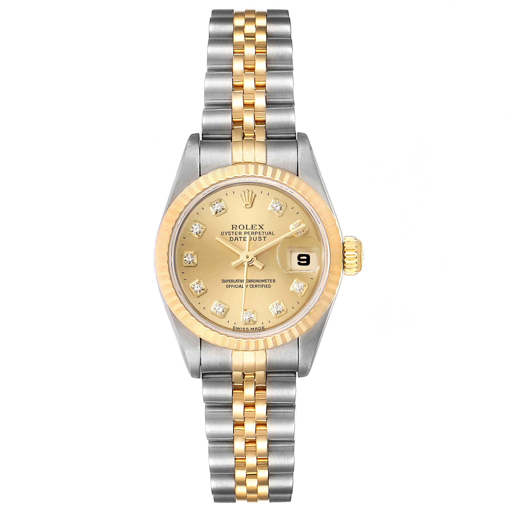 This Rolex Datejust 69173 Women's Steel and Gold (two tone) Champagne Dial 69173 Women's Steel and Gold (two tone) Champagne Dial watch is shown from a top-down angle, highlighting its two-tone bracelet, fluted bezel, and date display.