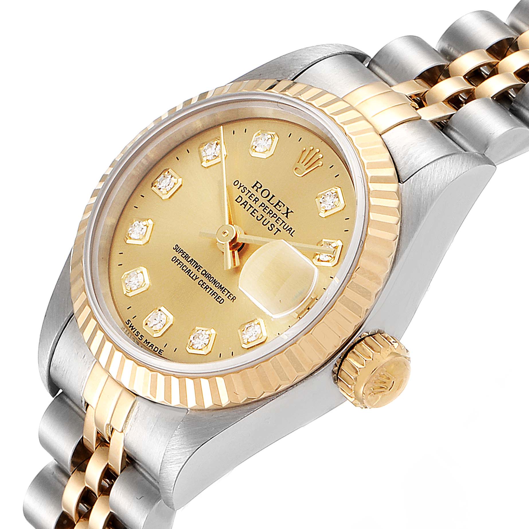 The image shows a close-up angled view of a Rolex Datejust 69173 Women's Steel and Gold (two tone) Champagne Dial 69173 Women's Steel and Gold (two tone) Champagne Dial watch, highlighting its gold dial, bezel, and two-tone bracelet.
