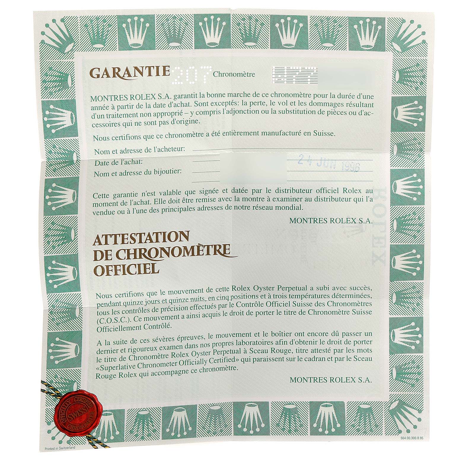 This image shows the official warranty certificate for a Rolex Datejust 69173 Women's Steel and Gold (two tone) Champagne Dial 69173 Women's Steel and Gold (two tone) Champagne Dial model, featuring text and authentication seals.