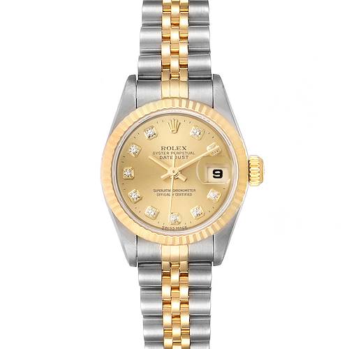 This image shows a Rolex Datejust 69173 Women's Steel and Gold (two tone) Champagne Dial 69173 Women's Steel and Gold (two tone) Champagne Dial watch from a top-down angle, displaying the dial, bezel, and bracelet.