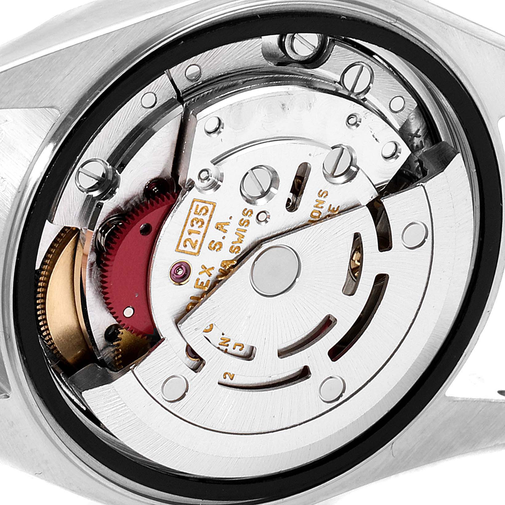 This image shows the interior mechanical parts of the Rolex Datejust 69173 Women's Steel and Gold (two tone) Champagne Dial 69173 Women's Steel and Gold (two tone) Champagne Dial watch from a rear angle.