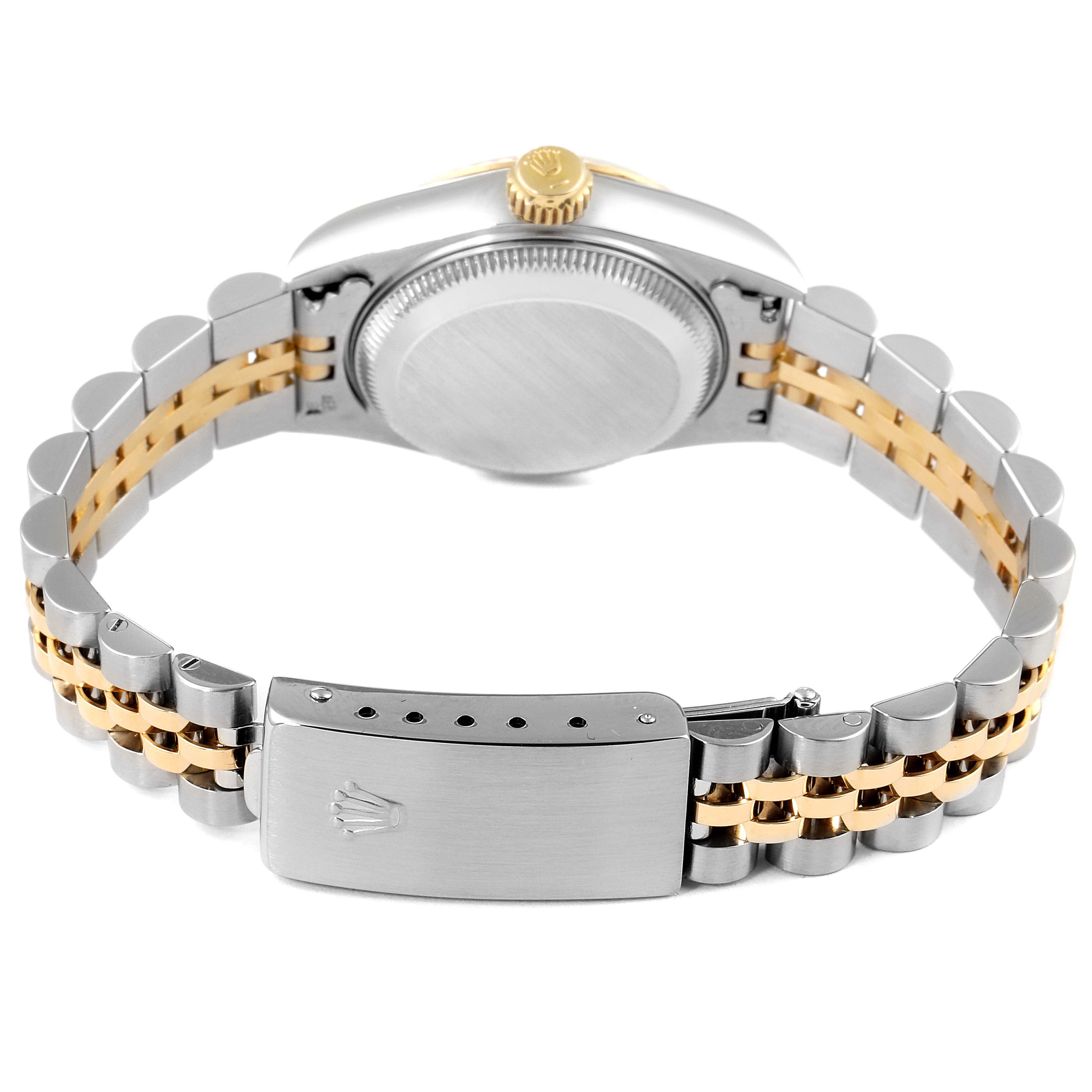 The image shows the back view of a Rolex Datejust 69173 Women's Steel and Gold (two tone) Champagne Dial 69173 Women's Steel and Gold (two tone) Champagne Dial model, highlighting the case back, bracelet, and clasp.