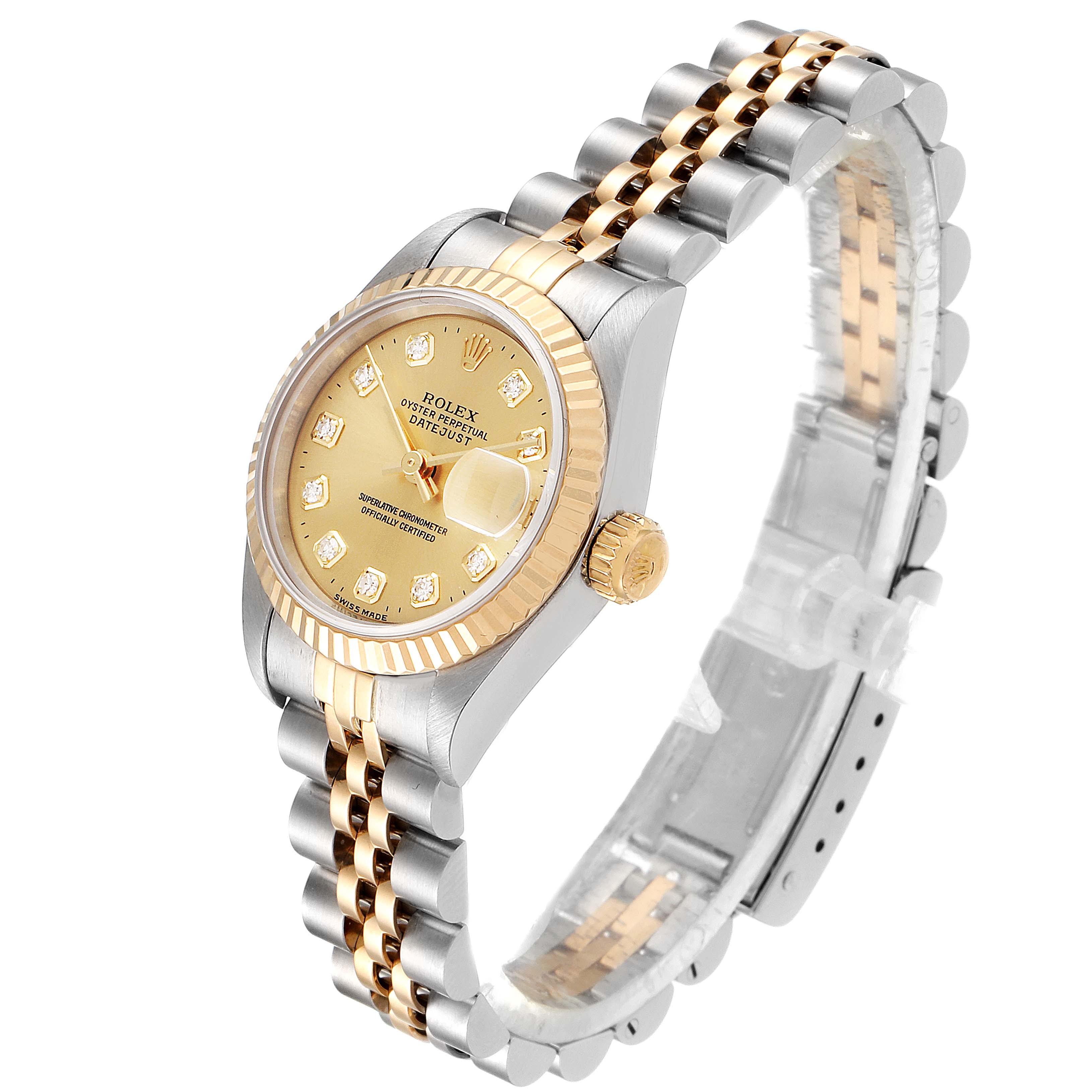 This Rolex Datejust 69173 Women's Steel and Gold (two tone) Champagne Dial 69173 Women's Steel and Gold (two tone) Champagne Dial watch is shown at a three-quarter angle, highlighting the face, crown, and two-toned bracelet.