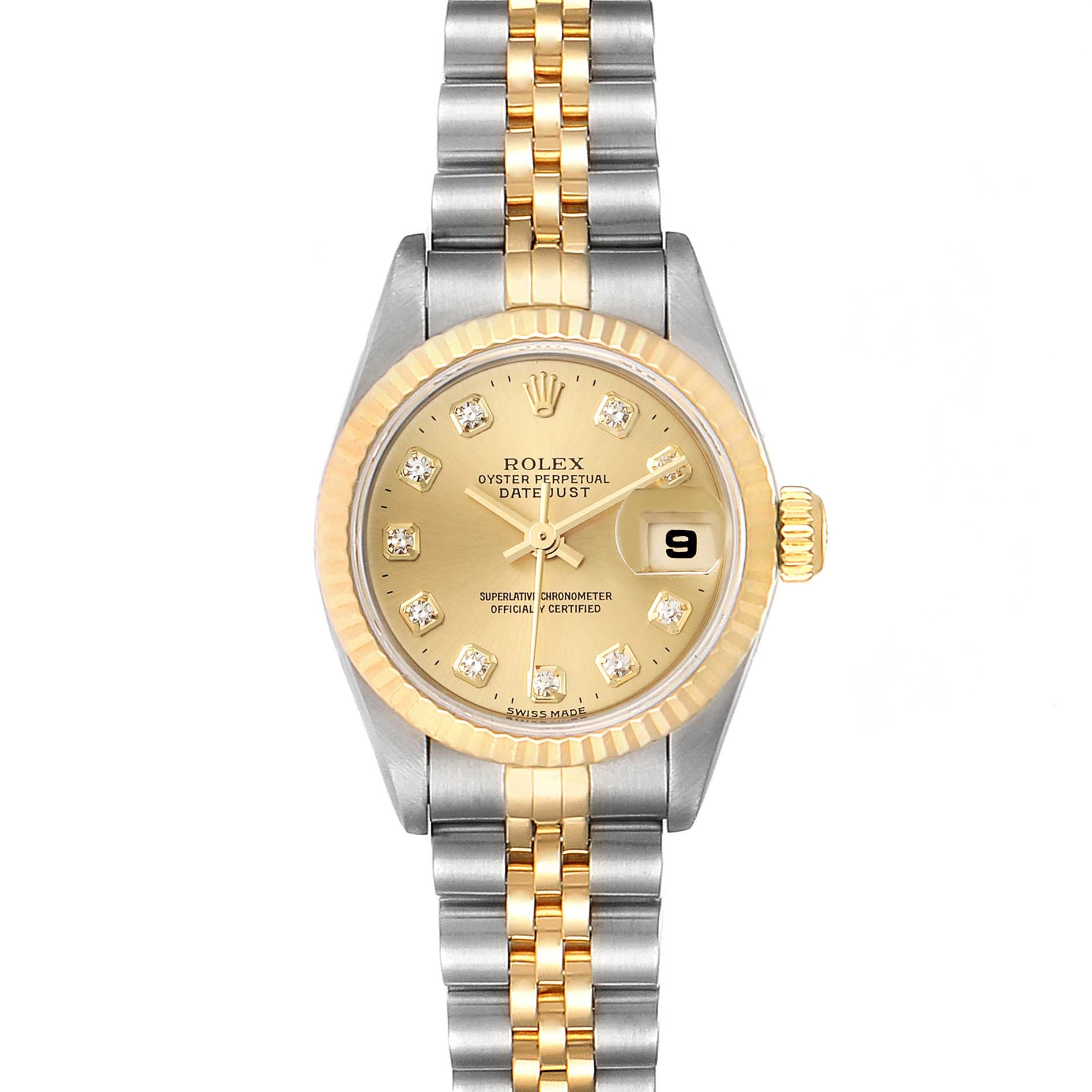 This Rolex Datejust 69173 Women's Steel and Gold (two tone) Champagne Dial 69173 Women's Steel and Gold (two tone) Champagne Dial watch is shown from a top-down angle, featuring a two-tone bracelet and a champagne dial with diamond hour markers.