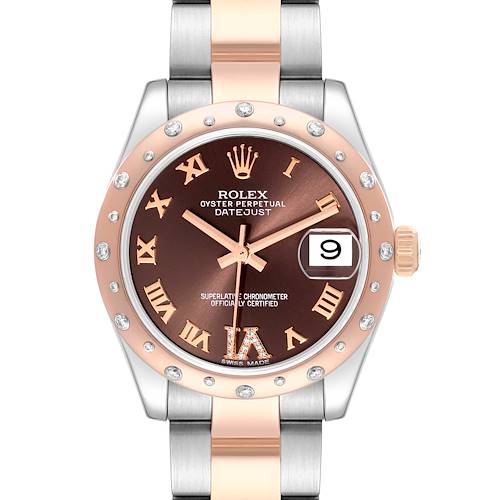 This Mid-Size Rolex Datejust watch is shown from a straight-on angle, featuring its face, bezel, and bracelet.