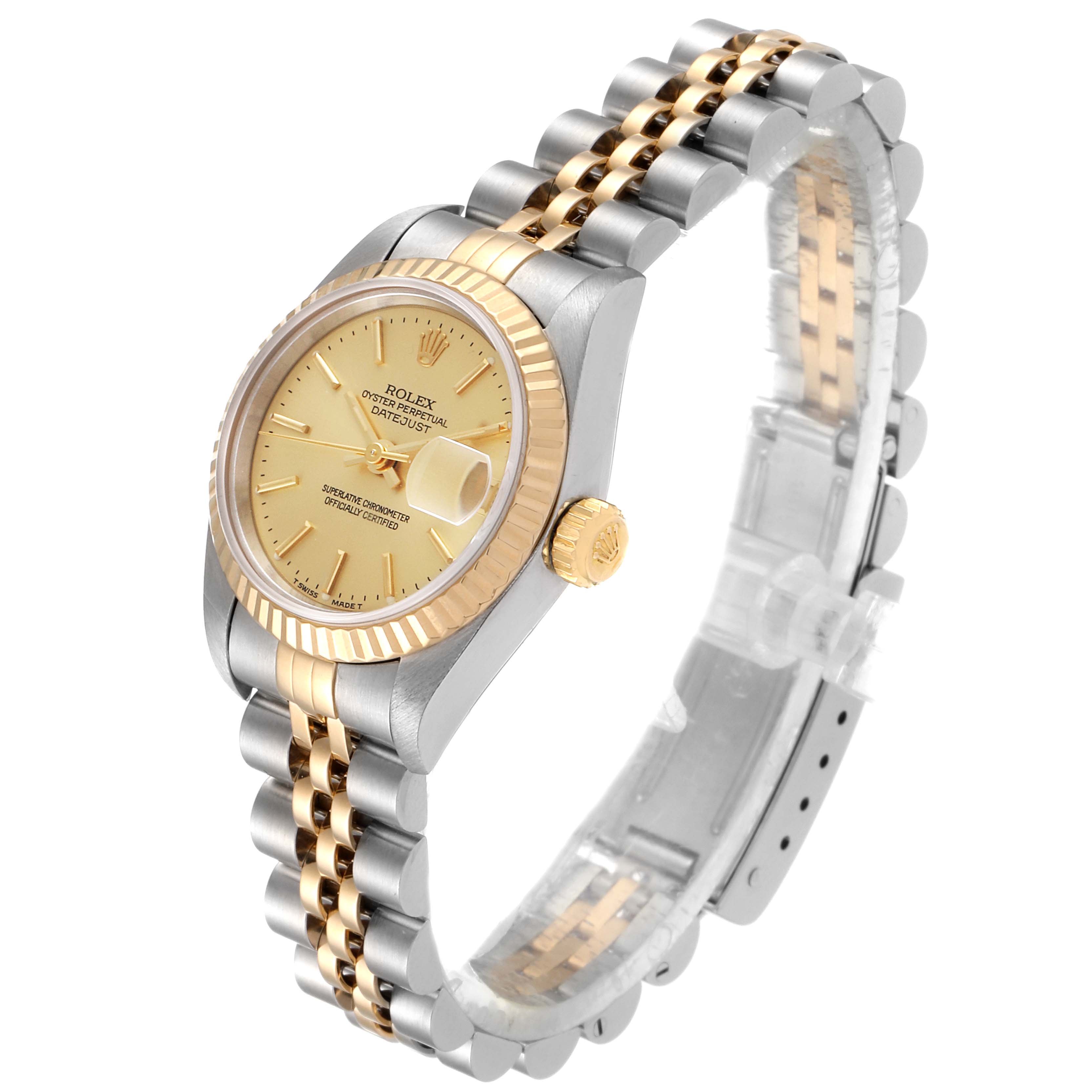 The image shows a Rolex Datejust 69173 Women's Steel and Gold (two tone) Champagne Dial 69173 Women's Steel and Gold (two tone) Champagne Dial watch at a slight angle, highlighting the dial, bezel, crown, and bracelet.