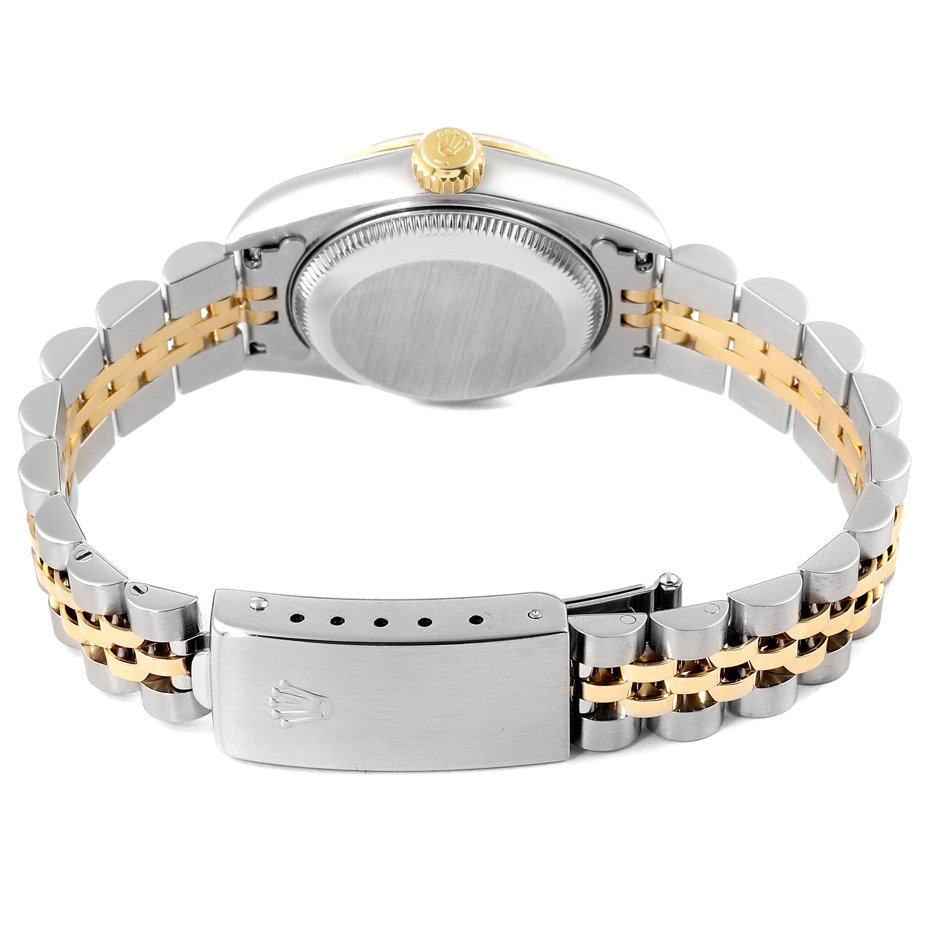 The image shows the back view of a Rolex Datejust 69173 Women's Steel and Gold (two tone) Champagne Dial 69173 Women's Steel and Gold (two tone) Champagne Dial watch and its two-tone metal bracelet and clasp.