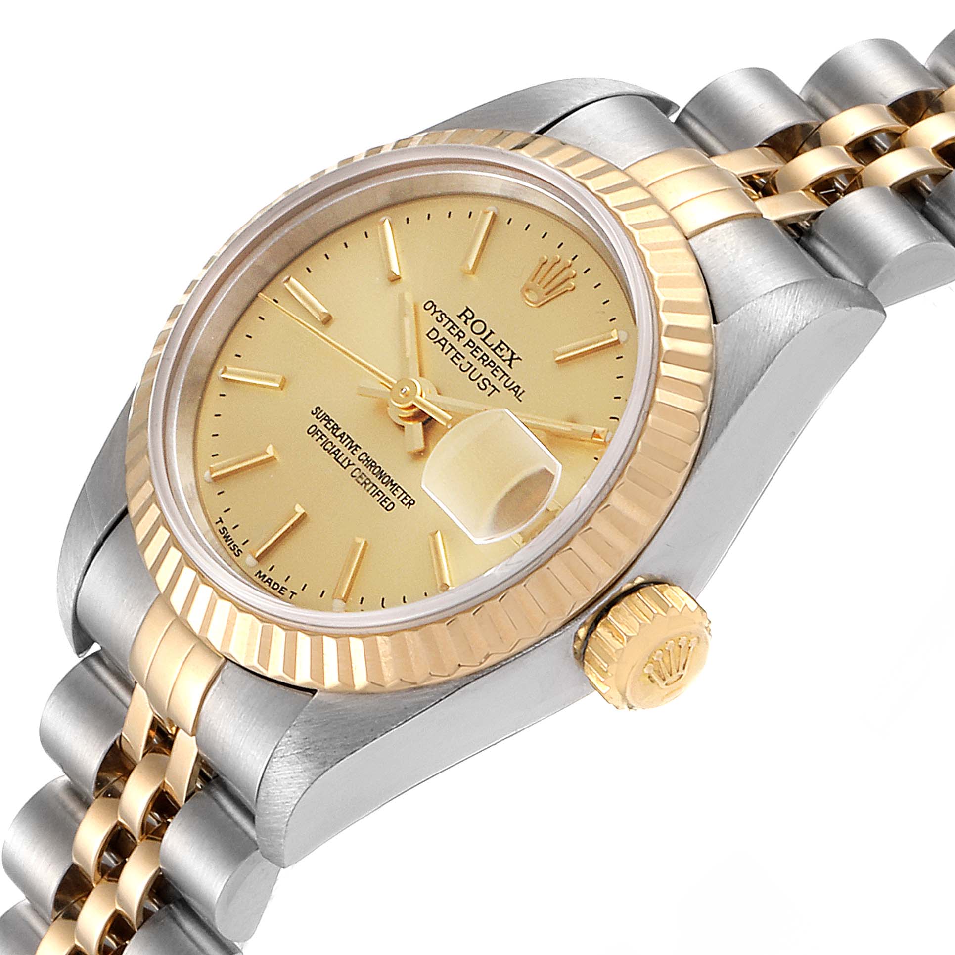 The image shows a side view of the Rolex Datejust 69173 Women's Steel and Gold (two tone) Champagne Dial 69173 Women's Steel and Gold (two tone) Champagne Dial watch, highlighting the dial, fluted bezel, crown, and part of the bracelet.