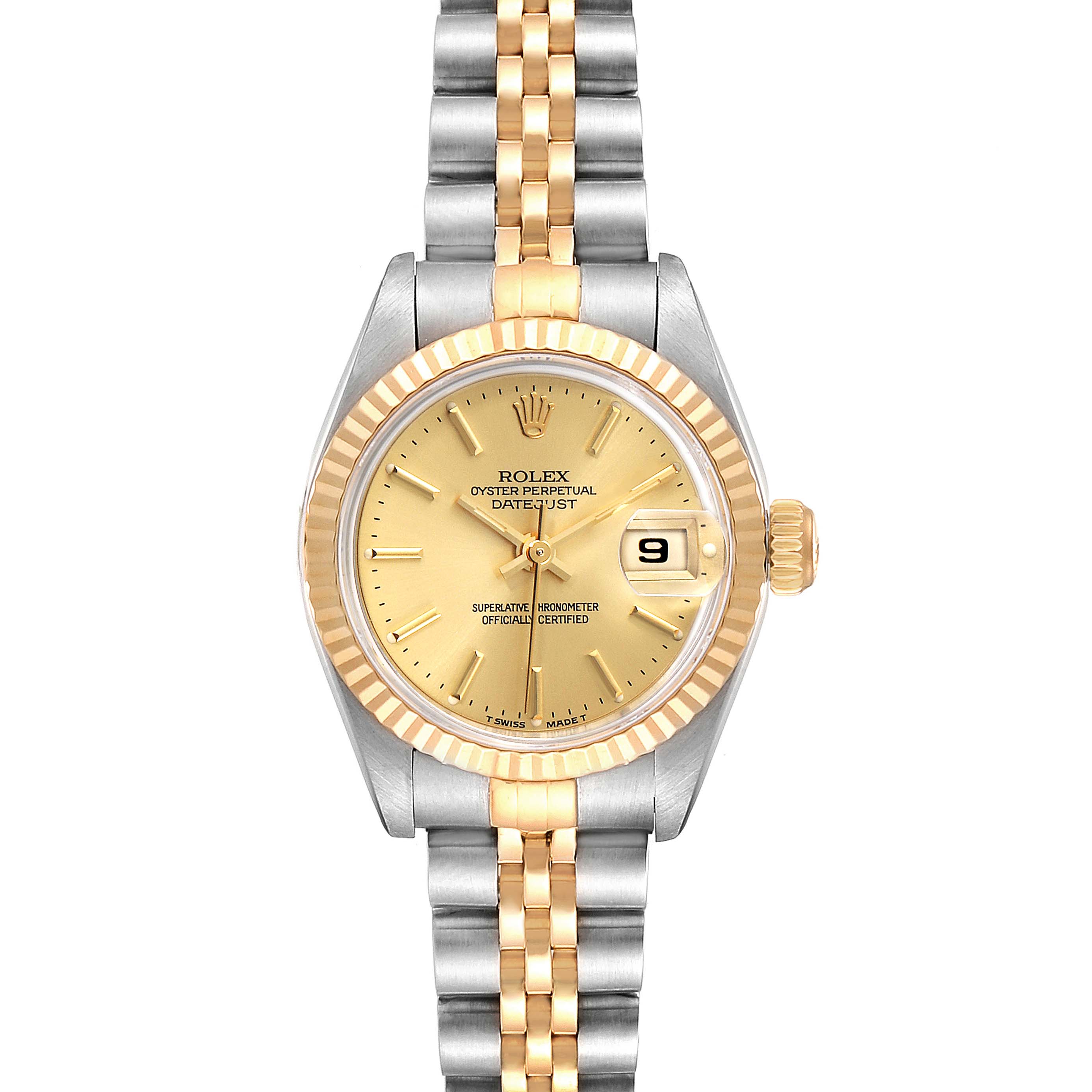 The image depicts a Rolex Datejust 69173 Women's Steel and Gold (two tone) Champagne Dial 69173 Women's Steel and Gold (two tone) Champagne Dial watch showing the face, bezel, and part of the jubilee bracelet from a front angle.