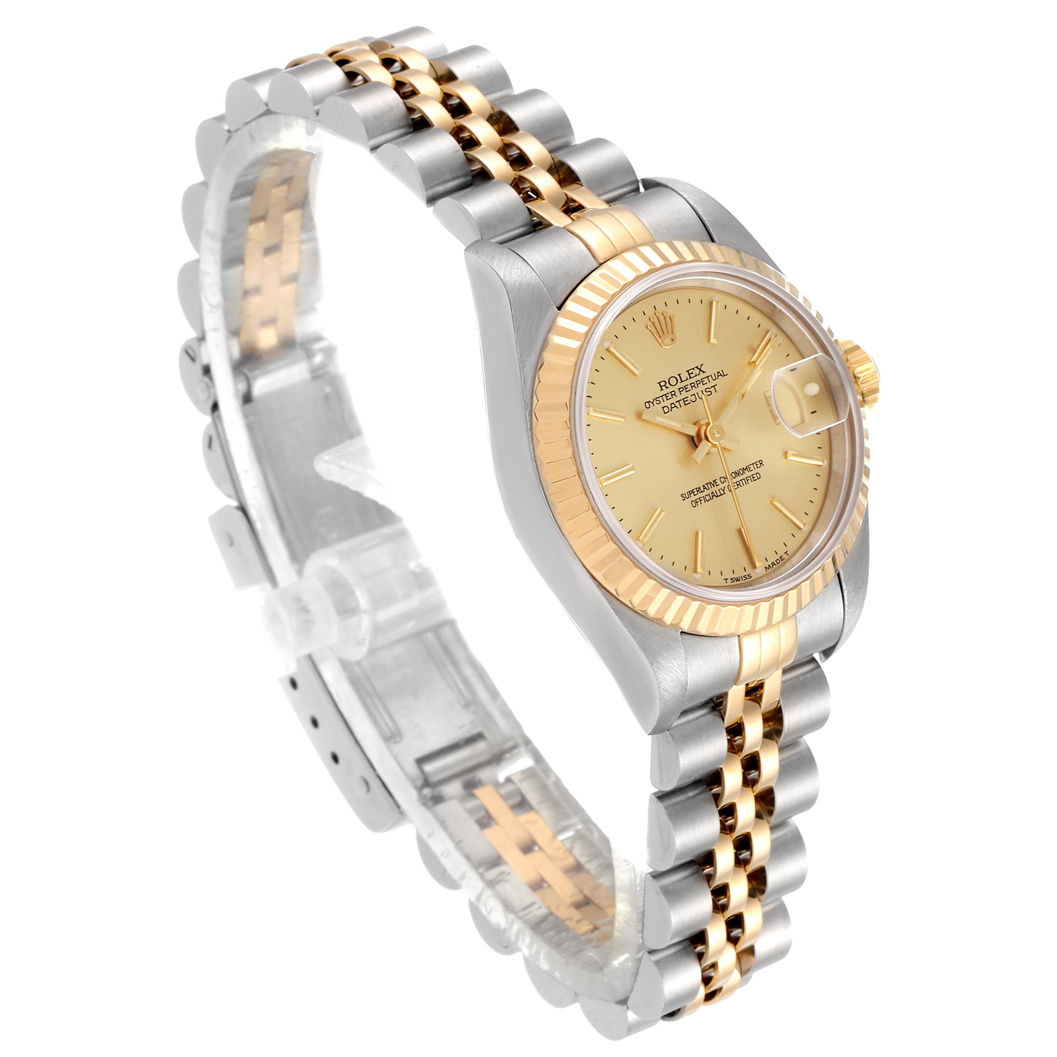 This Rolex Datejust 69173 Women's Steel and Gold (two tone) Champagne Dial 69173 Women's Steel and Gold (two tone) Champagne Dial watch is shown from an angled side view, displaying its two-tone bracelet, case, and dial.