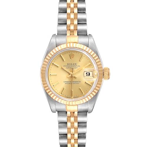This image shows a front view of the Rolex Datejust 69173 Women's Steel and Gold (two tone) Champagne Dial 69173 Women's Steel and Gold (two tone) Champagne Dial watch, highlighting its dial, bezel, and bracelet.