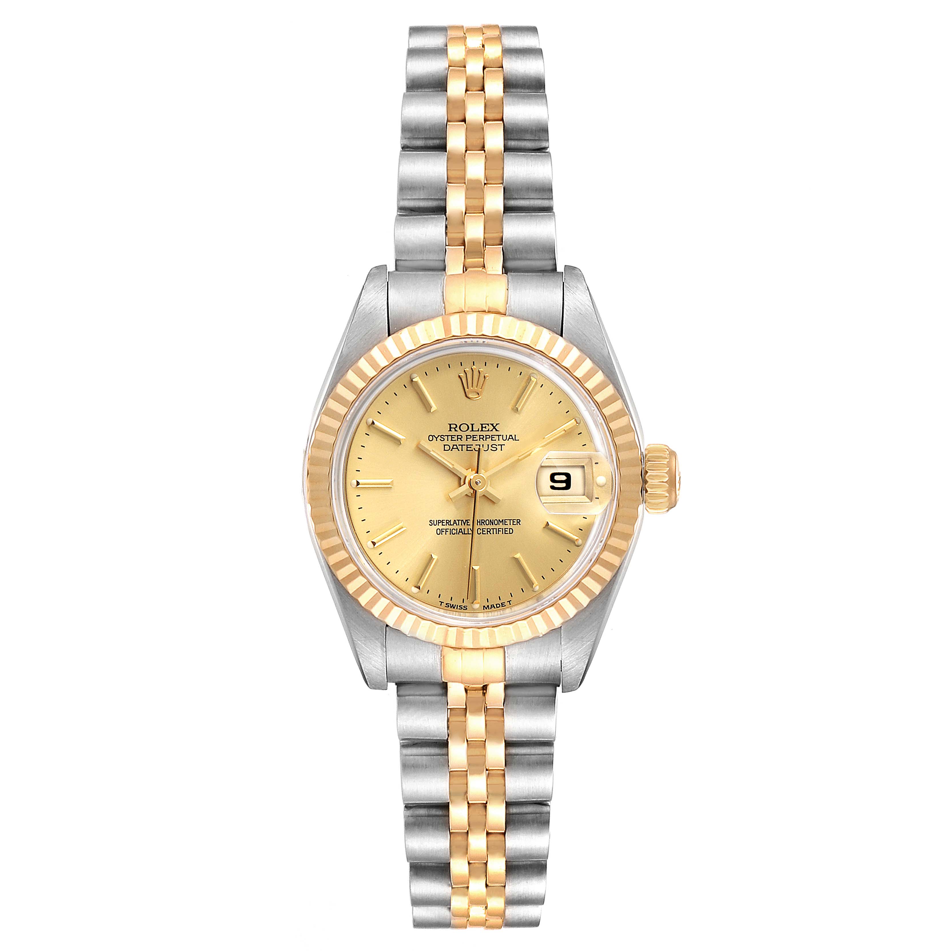 This image shows a front view of the Rolex Datejust 69173 Women's Steel and Gold (two tone) Champagne Dial 69173 Women's Steel and Gold (two tone) Champagne Dial watch, featuring a jubilee bracelet and gold fluted bezel.