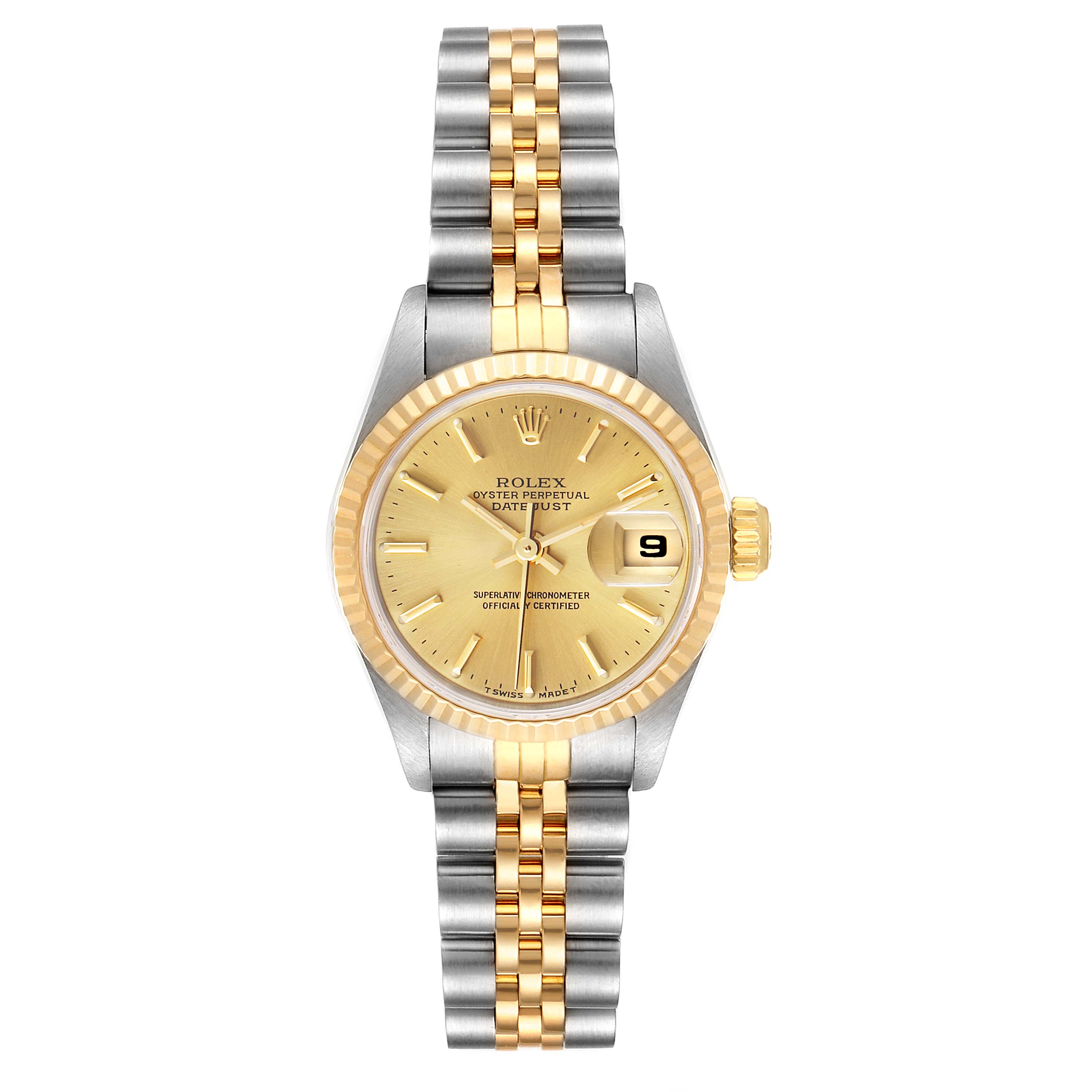 This Rolex Datejust 69173 Women's Steel and Gold (two tone) Champagne Dial 69173 Women's Steel and Gold (two tone) Champagne Dial watch is shown in a front view, highlighting its dial, bezel, and Jubilee bracelet.
