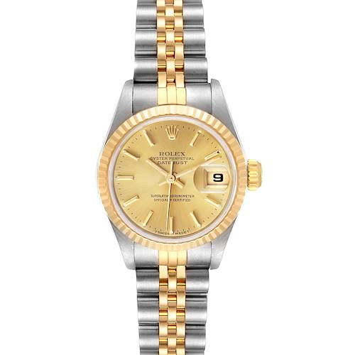 The image shows a front view of the Rolex Datejust 69173 Women's Steel and Gold (two tone) Champagne Dial 69173 Women's Steel and Gold (two tone) Champagne Dial watch, highlighting its gold dial, date window, and two-tone metal bracelet.