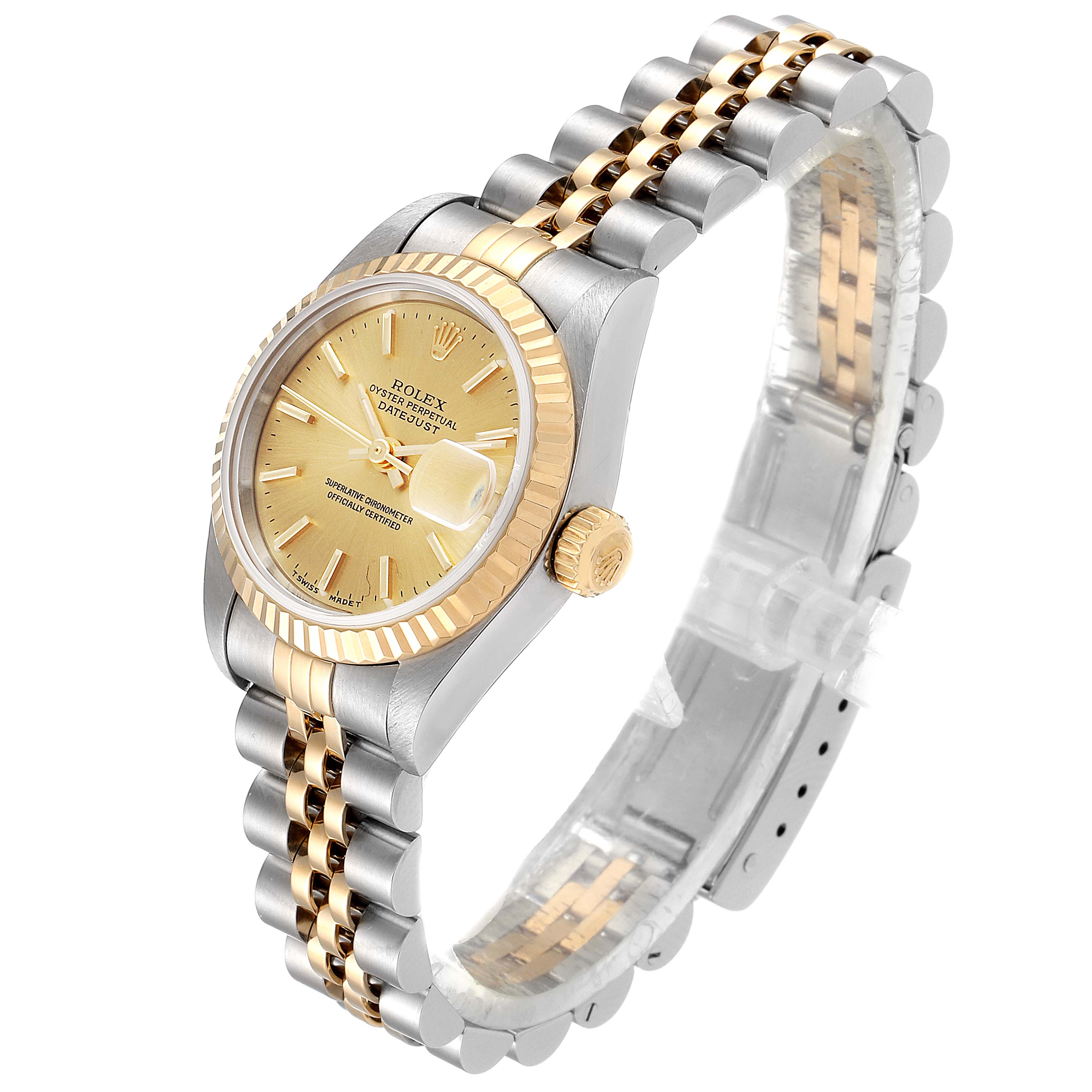 The image shows a Rolex Datejust 69173 Women's Steel and Gold (two tone) Champagne Dial 69173 Women's Steel and Gold (two tone) Champagne Dial watch at an angled side view, featuring its gold and silver bracelet and detailed dial.