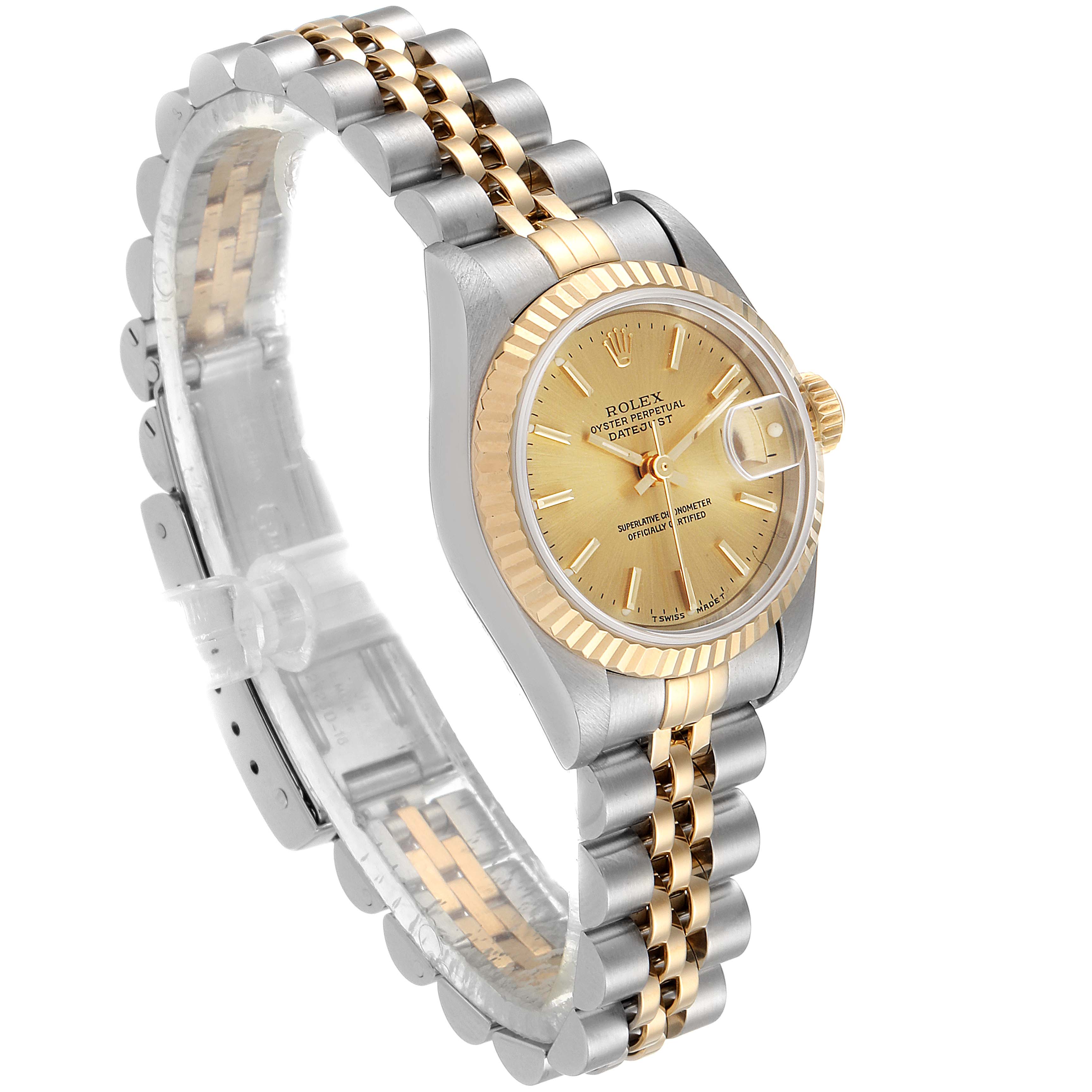 This image shows a Rolex Datejust 69173 Women's Steel and Gold (two tone) Champagne Dial 69173 Women's Steel and Gold (two tone) Champagne Dial watch with a two-tone gold and silver jubilee bracelet from an angled side view.