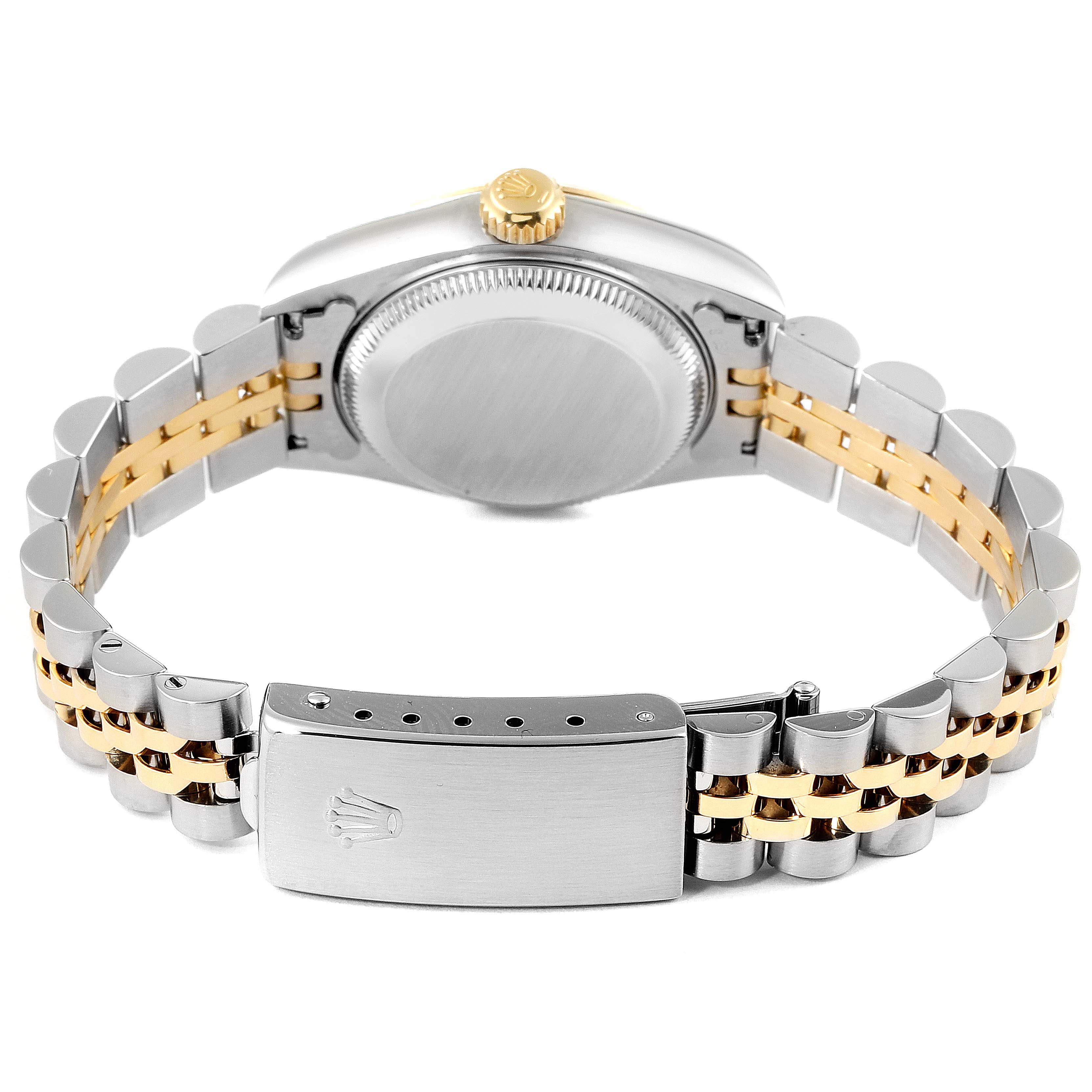 This image shows the back view of a Rolex Datejust 69173 Women's Steel and Gold (two tone) Champagne Dial 69173 Women's Steel and Gold (two tone) Champagne Dial watch, highlighting its two-tone bracelet and clasp.