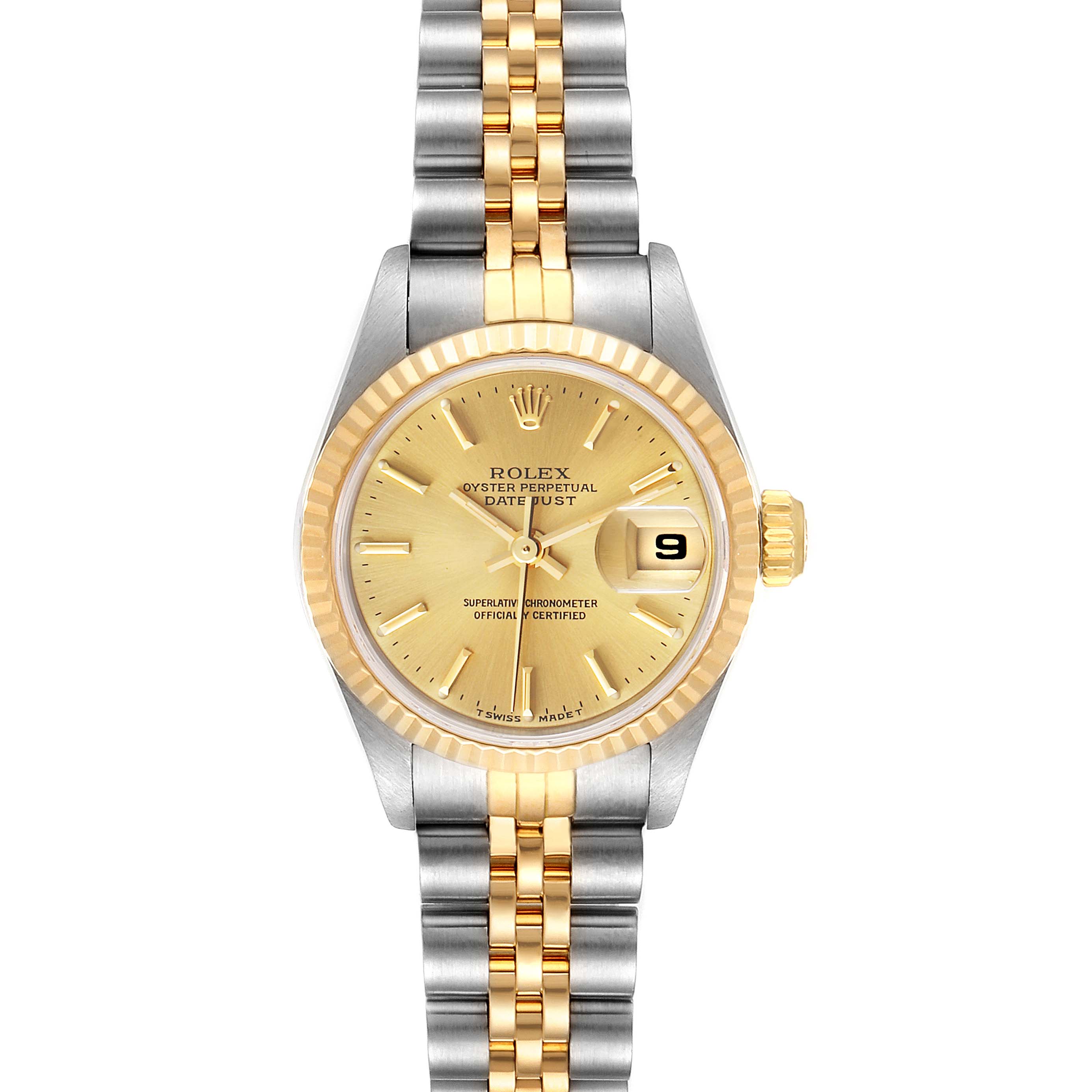This image shows a front view of a Rolex Datejust 69173 Women's Steel and Gold (two tone) Champagne Dial 69173 Women's Steel and Gold (two tone) Champagne Dial watch featuring a gold dial, fluted bezel, and a two-tone Jubilee bracelet.