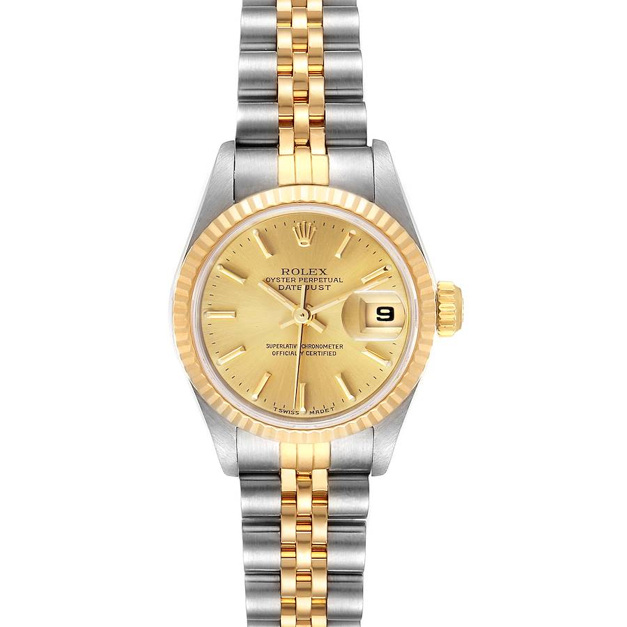 This image shows a front view of a Rolex Datejust 69173 Women's Steel and Gold (two tone) Champagne Dial 69173 Women's Steel and Gold (two tone) Champagne Dial watch featuring a gold dial, fluted bezel, and a two-tone Jubilee bracelet.