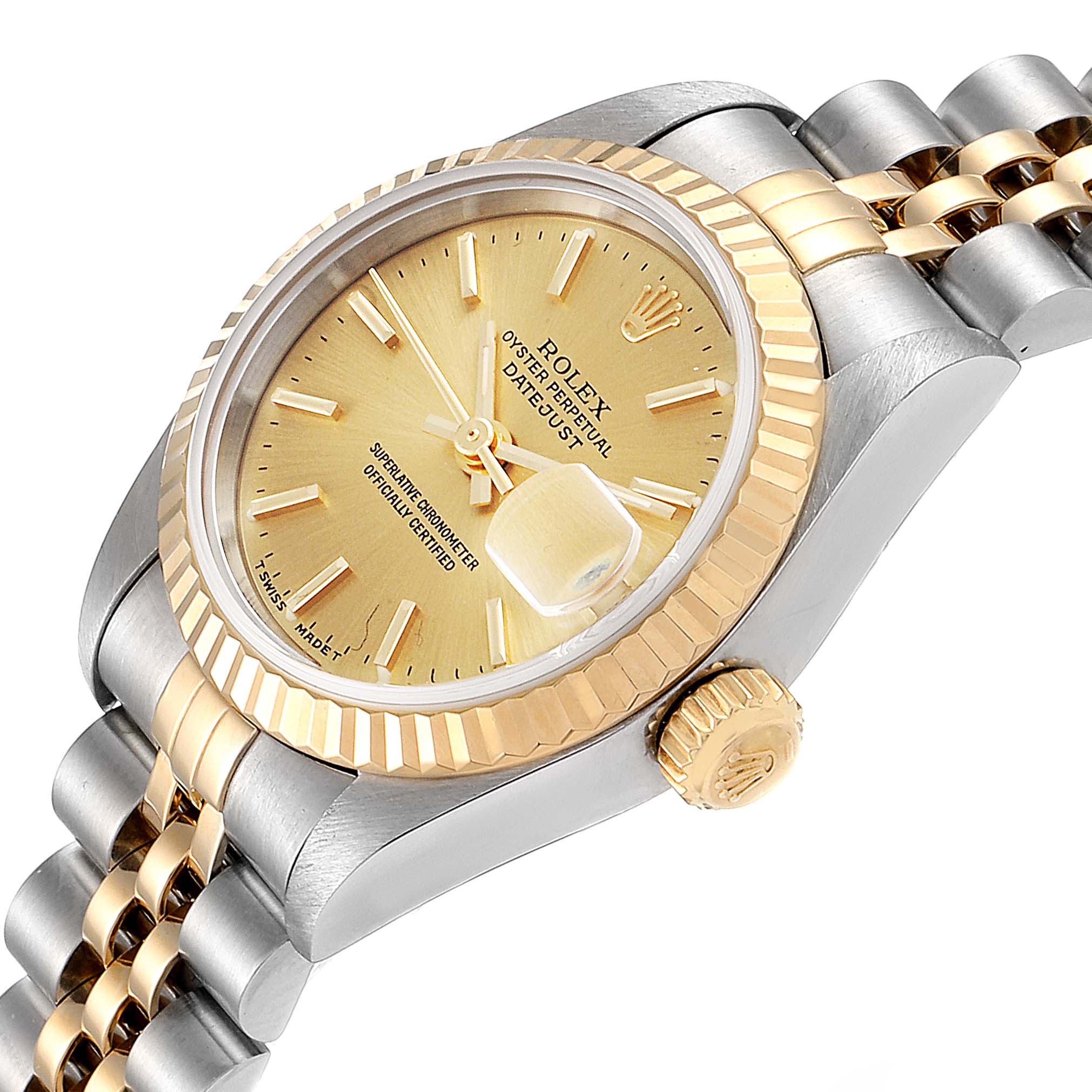 The Rolex Datejust 69173 Women's Steel and Gold (two tone) Champagne Dial 69173 Women's Steel and Gold (two tone) Champagne Dial watch is shown at an angle highlighting the dial, bezel, crown, and Jubilee bracelet.