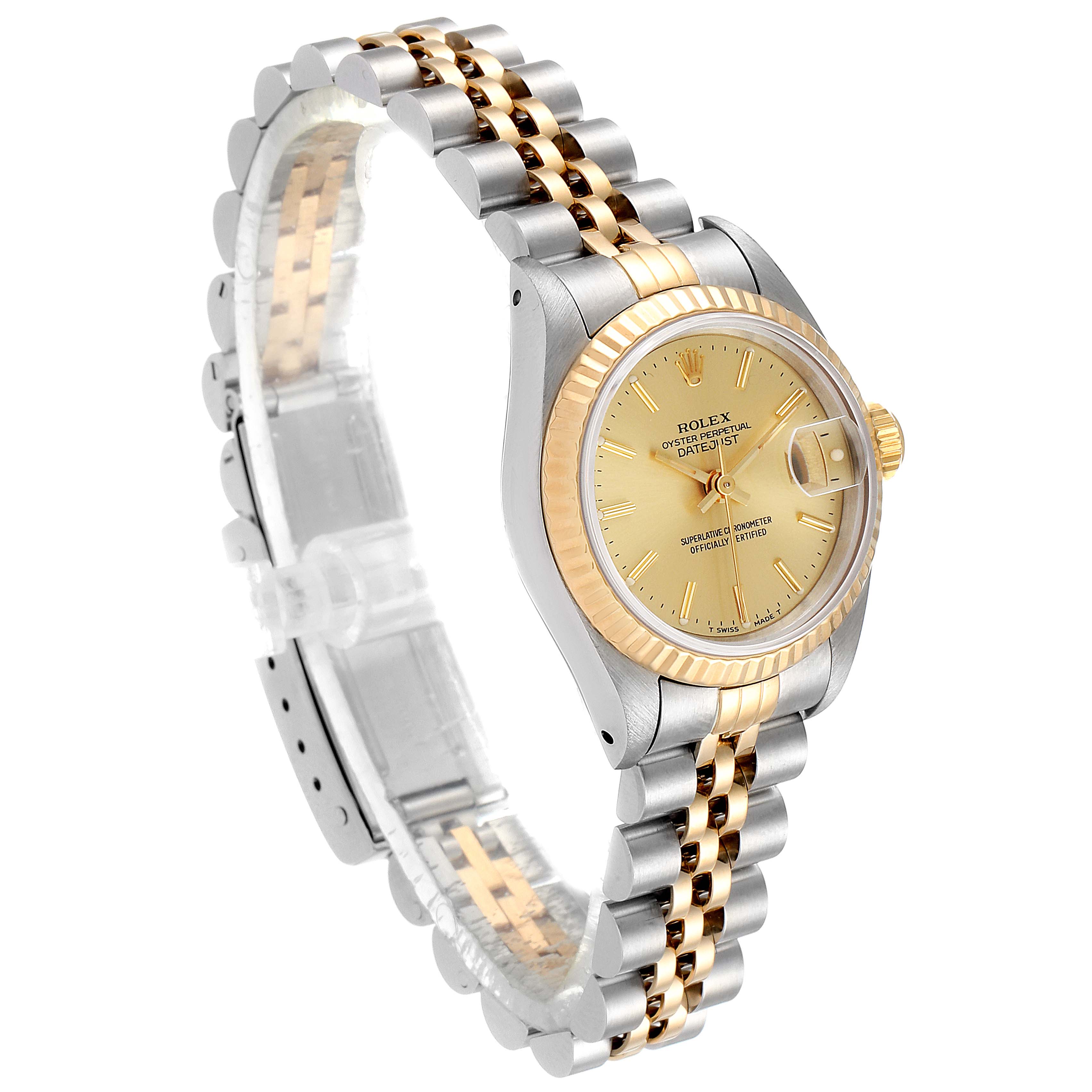 The image shows a Rolex Datejust 69173 Women's Steel and Gold (two tone) Champagne Dial 69173 Women's Steel and Gold (two tone) Champagne Dial watch at a side angle, highlighting the two-tone bracelet and gold dial.