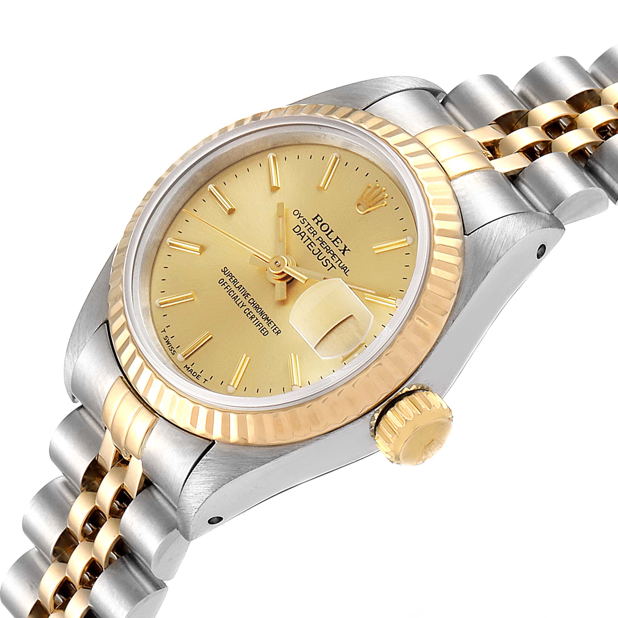This image shows a Rolex Datejust 69173 Women's Steel and Gold (two tone) Champagne Dial 69173 Women's Steel and Gold (two tone) Champagne Dial watch at a three-quarter angle, highlighting the dial, bezel, crown, and part of the bracelet.