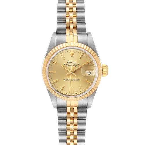The Rolex Datejust 69173 Women's Steel and Gold (two tone) Champagne Dial 69173 Women's Steel and Gold (two tone) Champagne Dial watch is shown from a top-down angle, displaying its face, bezel, and two-tone bracelet.