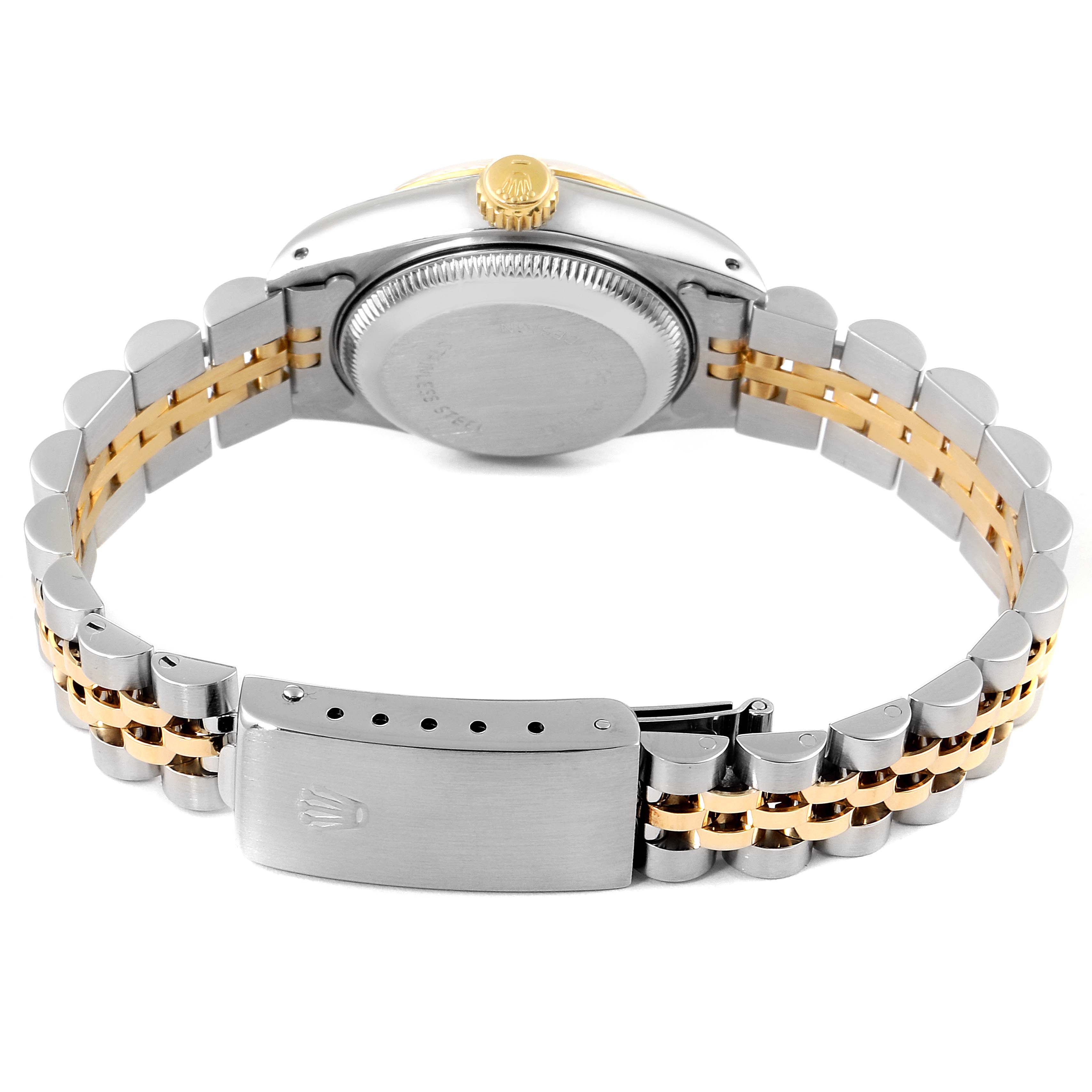The image shows the back view of a Rolex Datejust 69173 Women's Steel and Gold (two tone) Champagne Dial 69173 Women's Steel and Gold (two tone) Champagne Dial watch, highlighting the case back, crown, and two-tone bracelet with a clasp.
