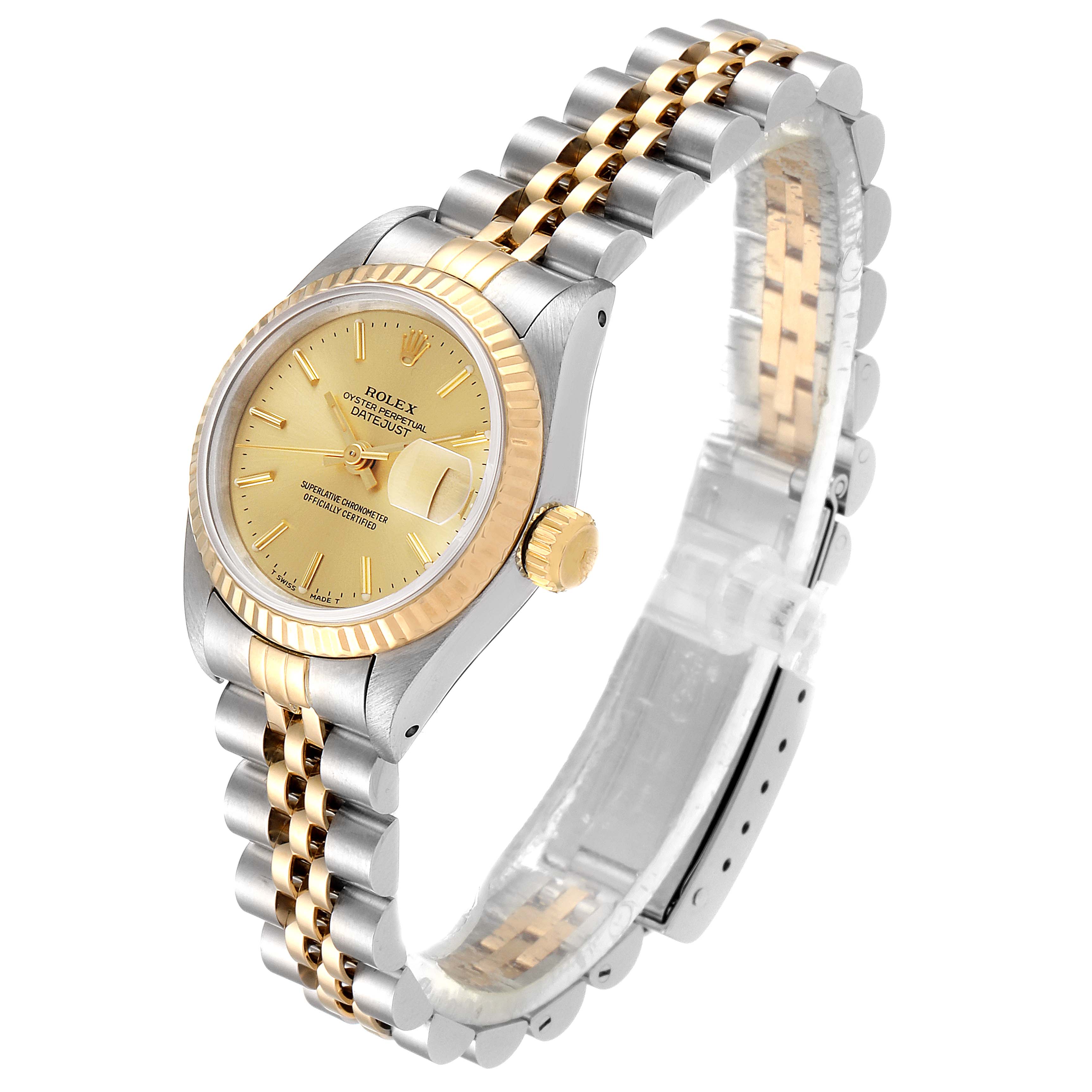 The Rolex Datejust 69173 Women's Steel and Gold (two tone) Champagne Dial 69173 Women's Steel and Gold (two tone) Champagne Dial watch is shown at a slight angle, displaying the dial, bezel, crown, and two-tone bracelet.