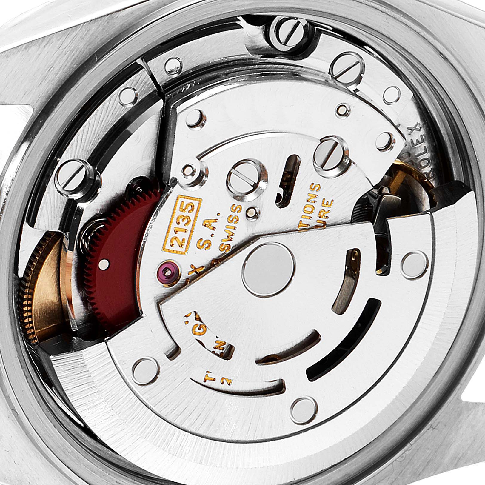 This image shows an angled close-up of the movement mechanism inside a Rolex Datejust 69173 Women's Steel and Gold (two tone) Champagne Dial 69173 Women's Steel and Gold (two tone) Champagne Dial watch.