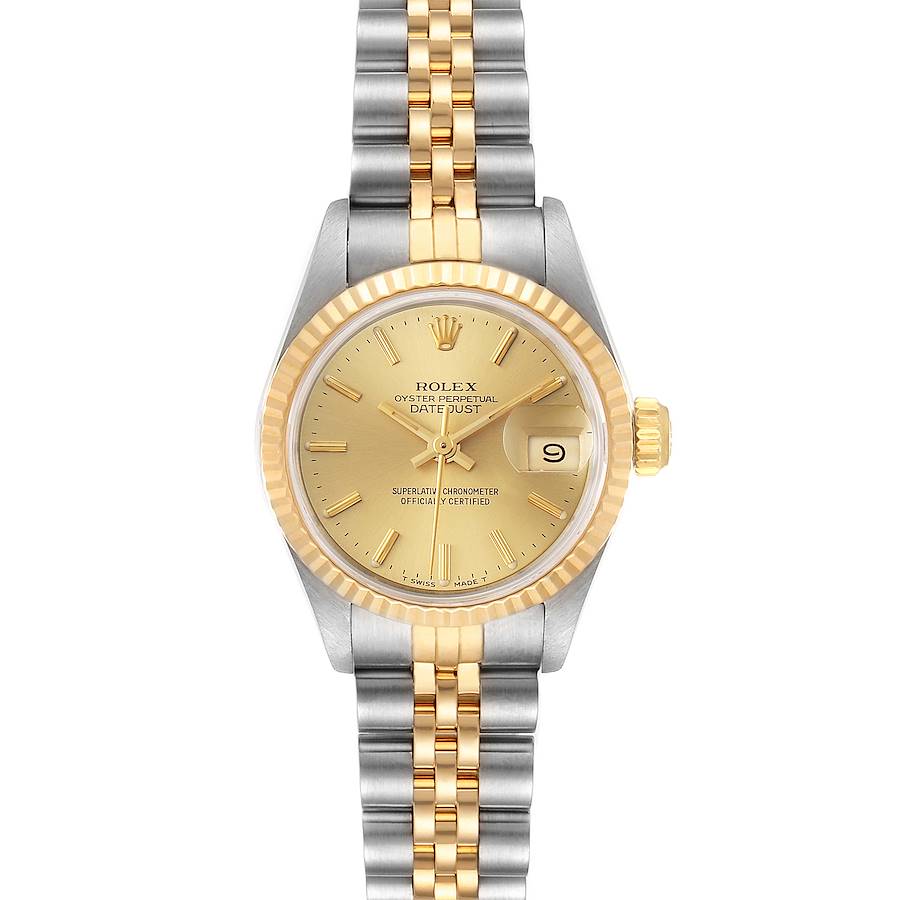 This image shows a front view of the Rolex Datejust 69173 Women's Steel and Gold (two tone) Champagne Dial 69173 Women's Steel and Gold (two tone) Champagne Dial watch, displaying the dial, bezel, crown, and two-tone Jubilee bracelet.